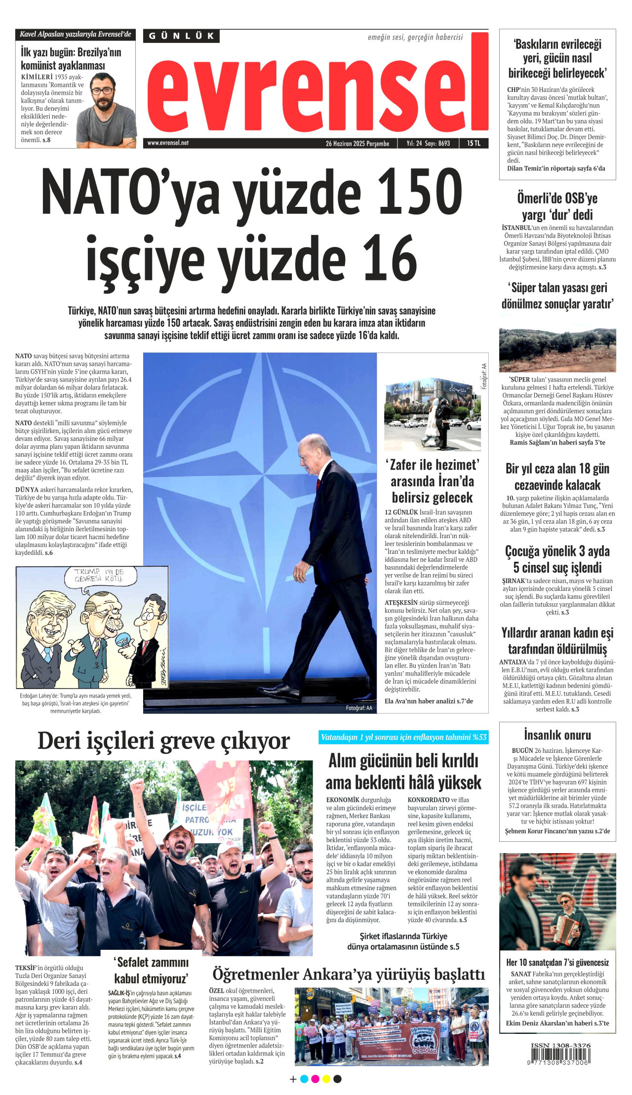 EVRENSEL gazetesinin 26 Haziran 2025 tarihli birinci sayfası