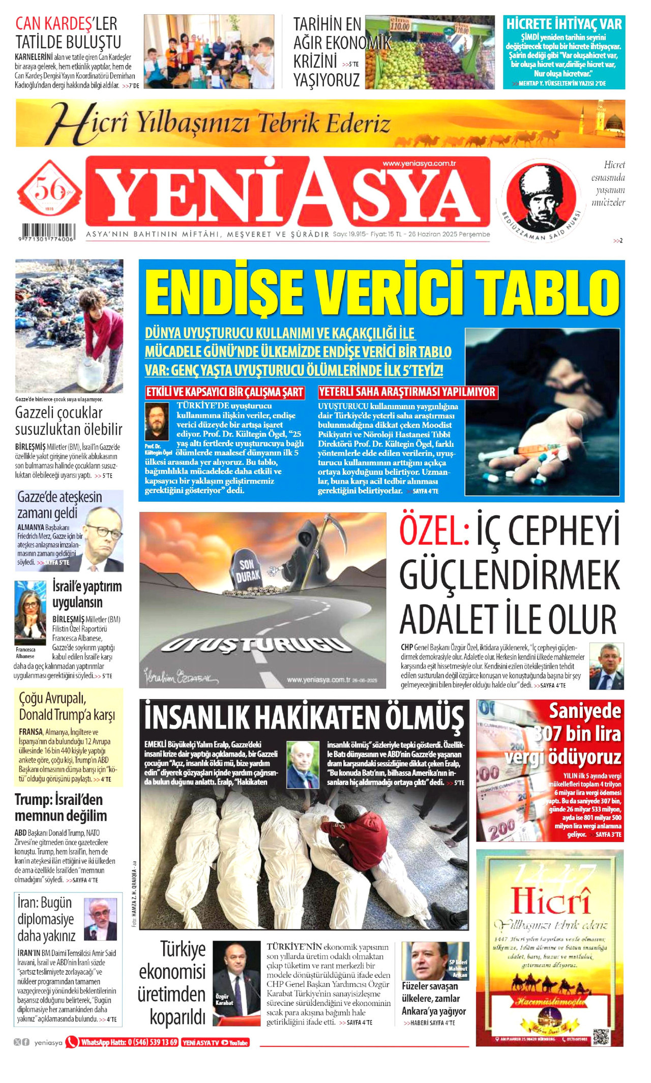 YENİ ASYA gazetesinin 26 Haziran 2025 tarihli birinci sayfası