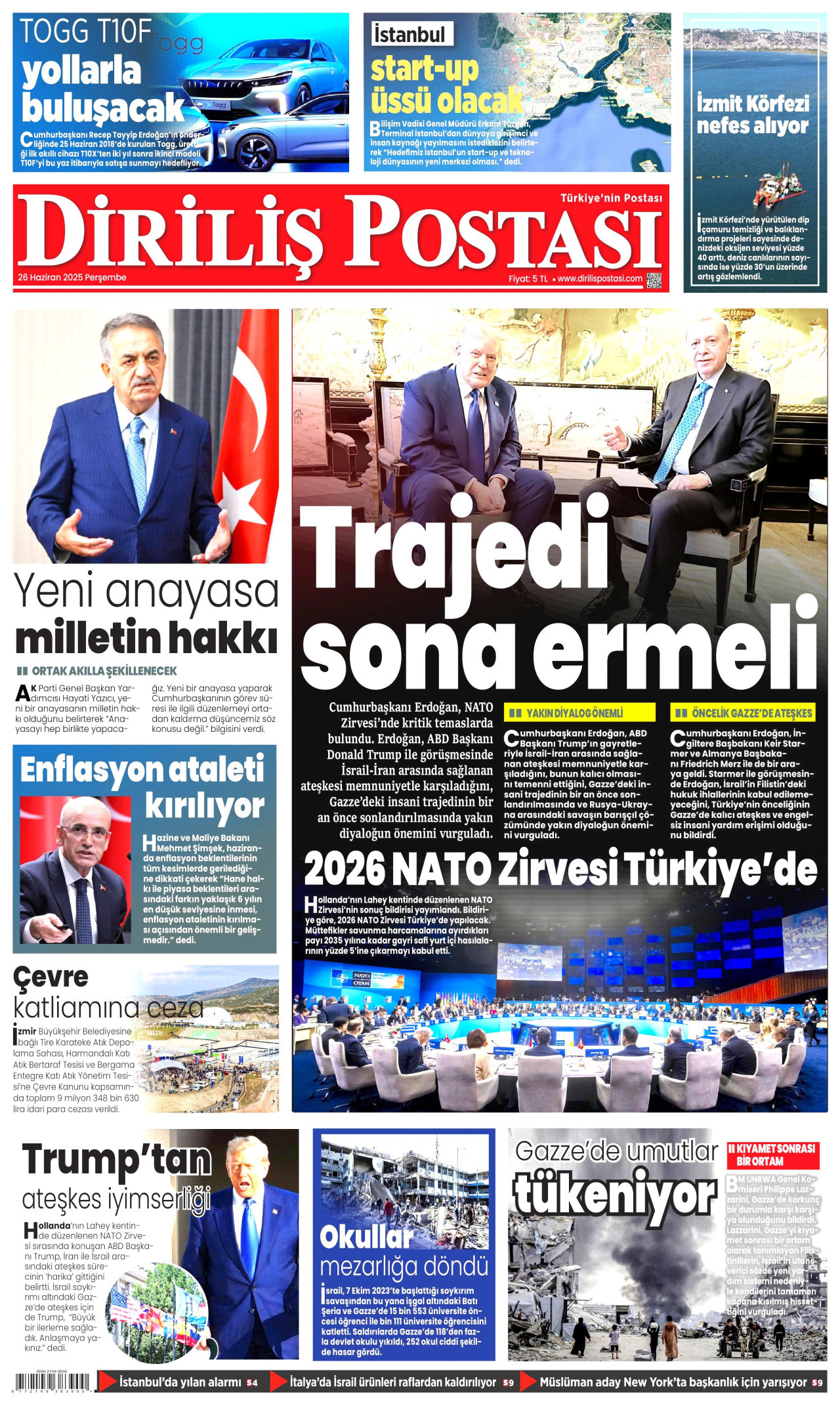 DİRİLİŞ POSTASI gazetesinin 26 Haziran 2025 tarihli birinci sayfası