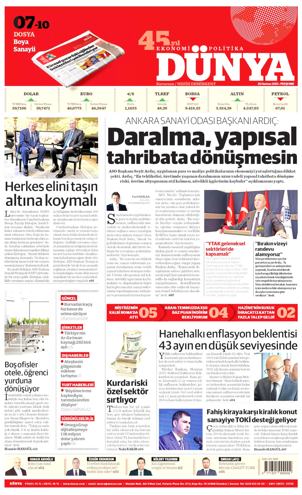 DÜNYA gazetesinin 26 Haziran 2025 tarihli birinci sayfası