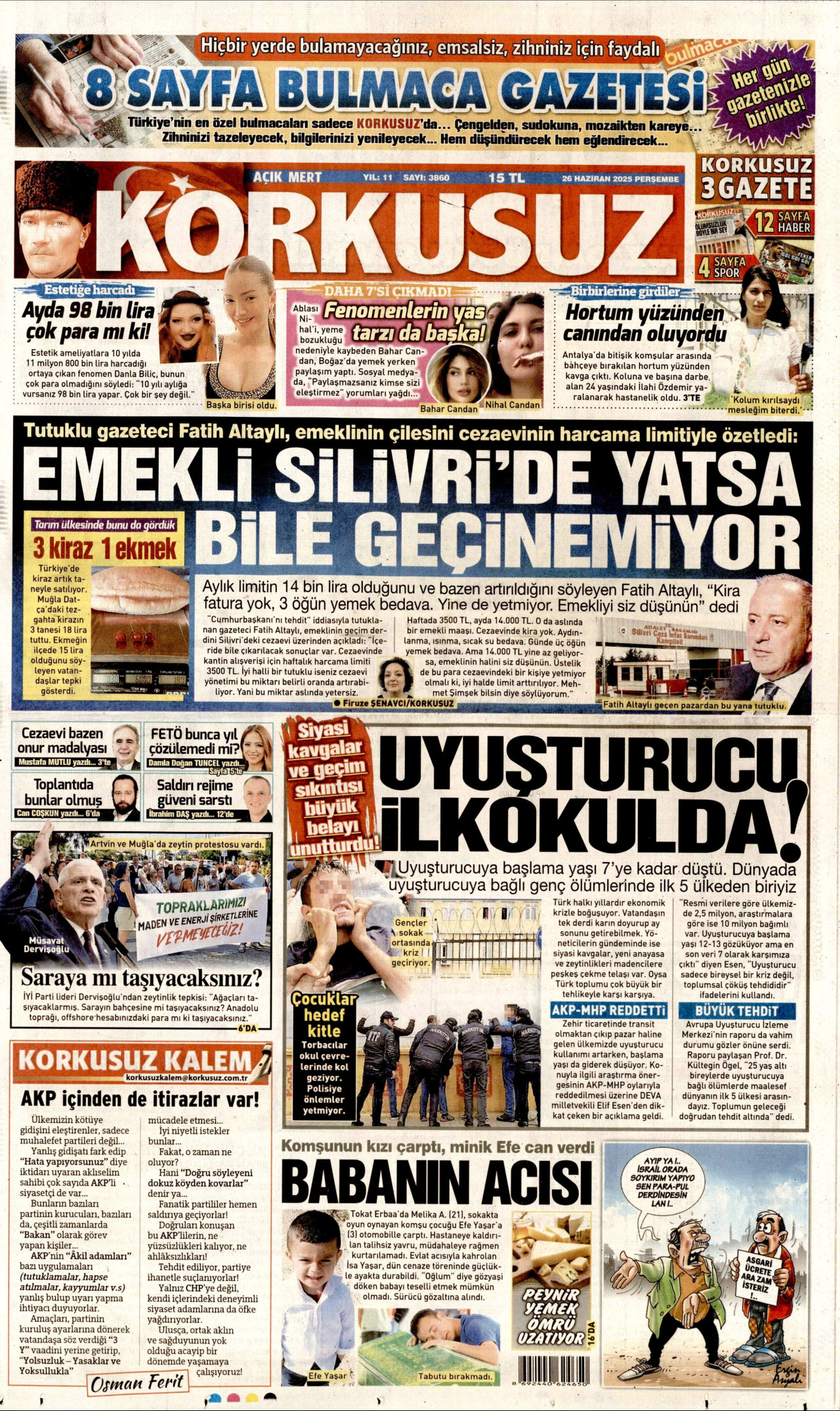 KORKUSUZ gazetesinin 26 Haziran 2025 tarihli birinci sayfası