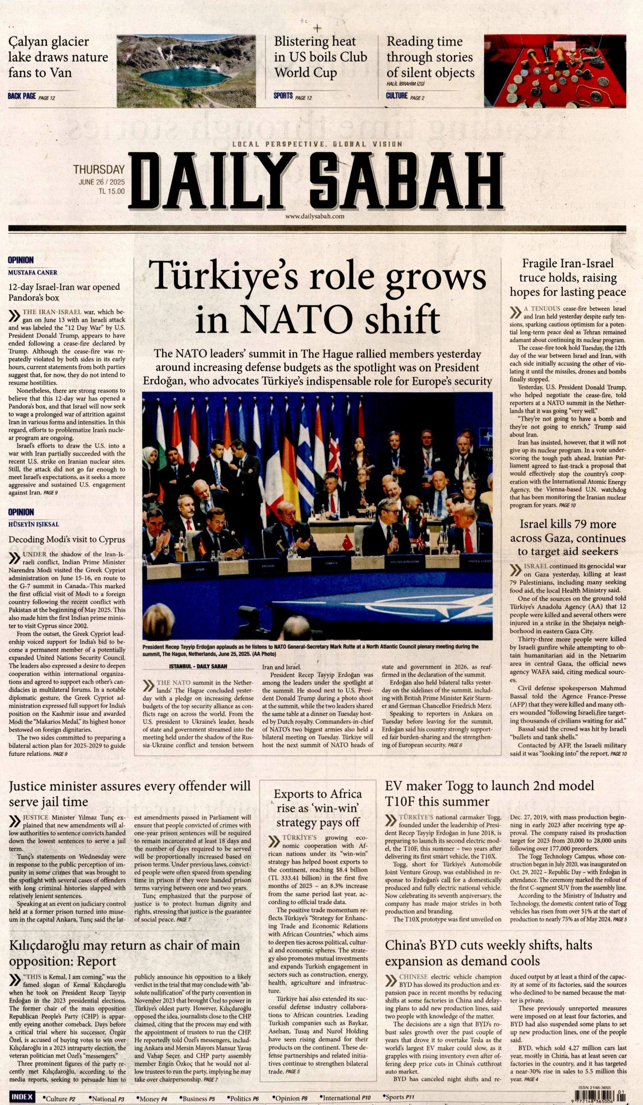DAİLY SABAH gazetesinin 26 Haziran 2025 tarihli birinci sayfası