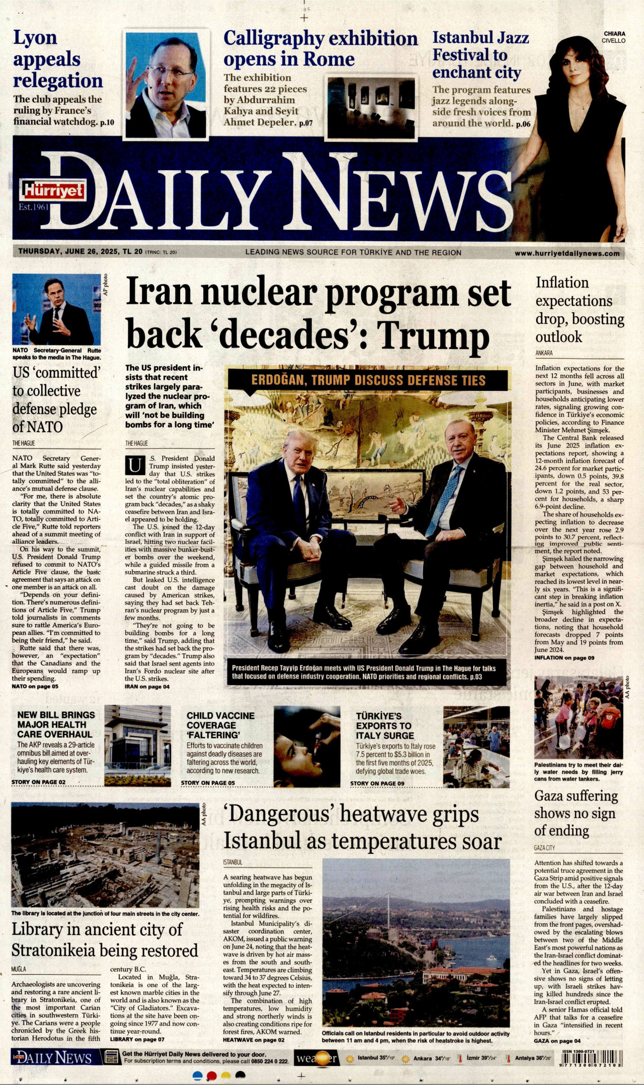 HÜRRİYET DAİLY NEWS gazetesinin 26 Haziran 2025 tarihli birinci sayfası