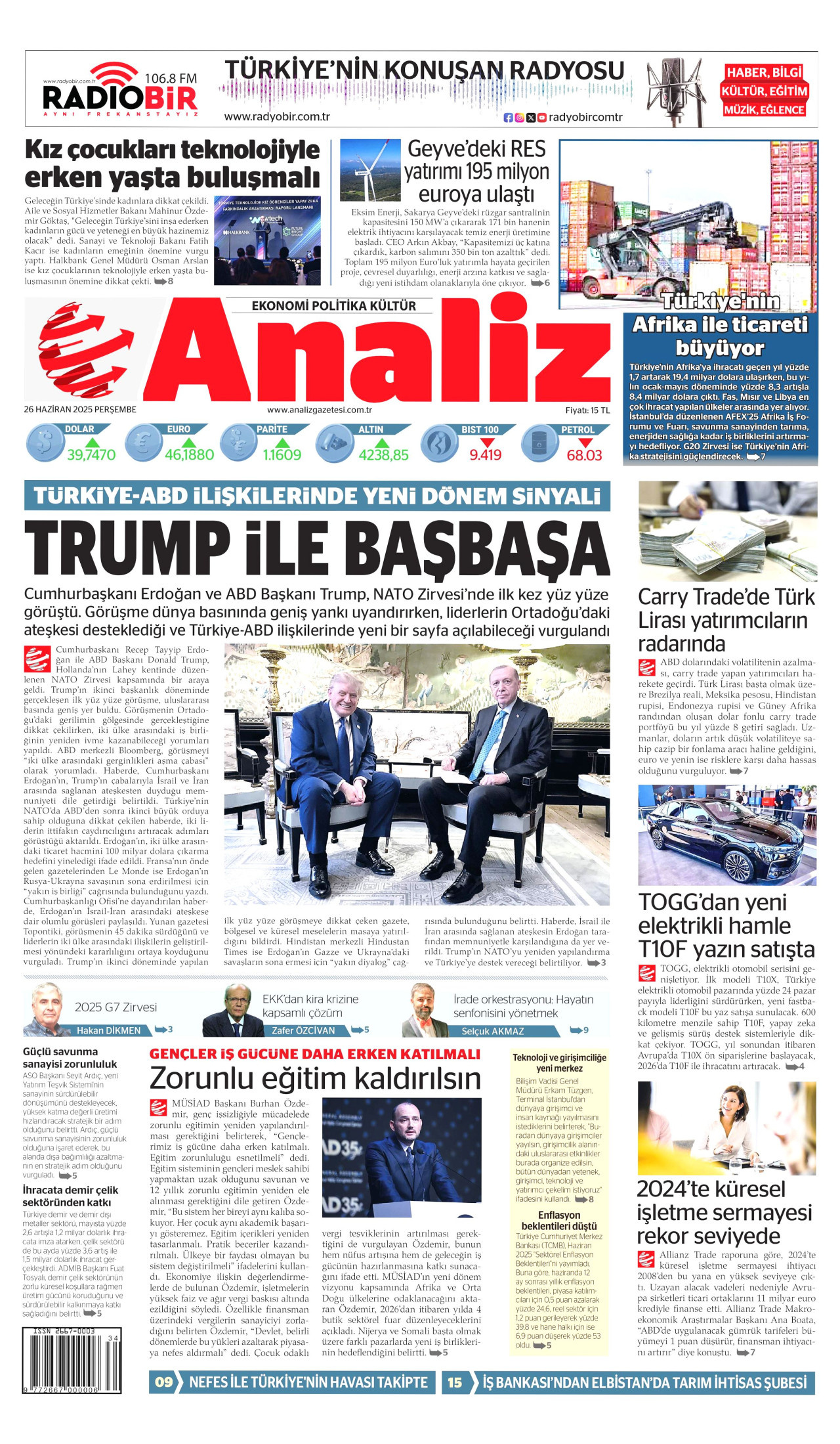 ANALİZ gazetesinin 26 Haziran 2025 tarihli birinci sayfası