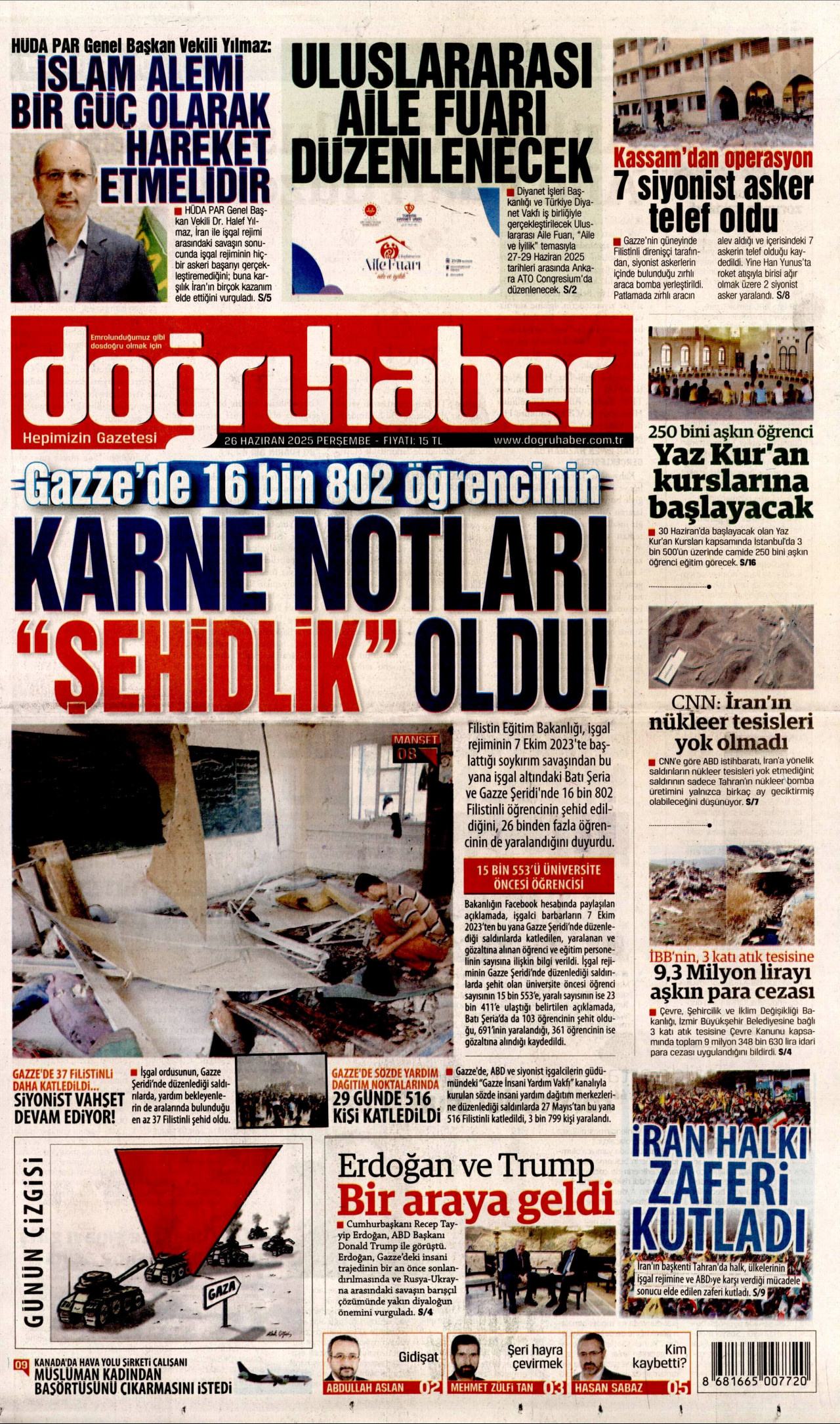 DOĞRU HABER gazetesinin 26 Haziran 2025 tarihli birinci sayfası