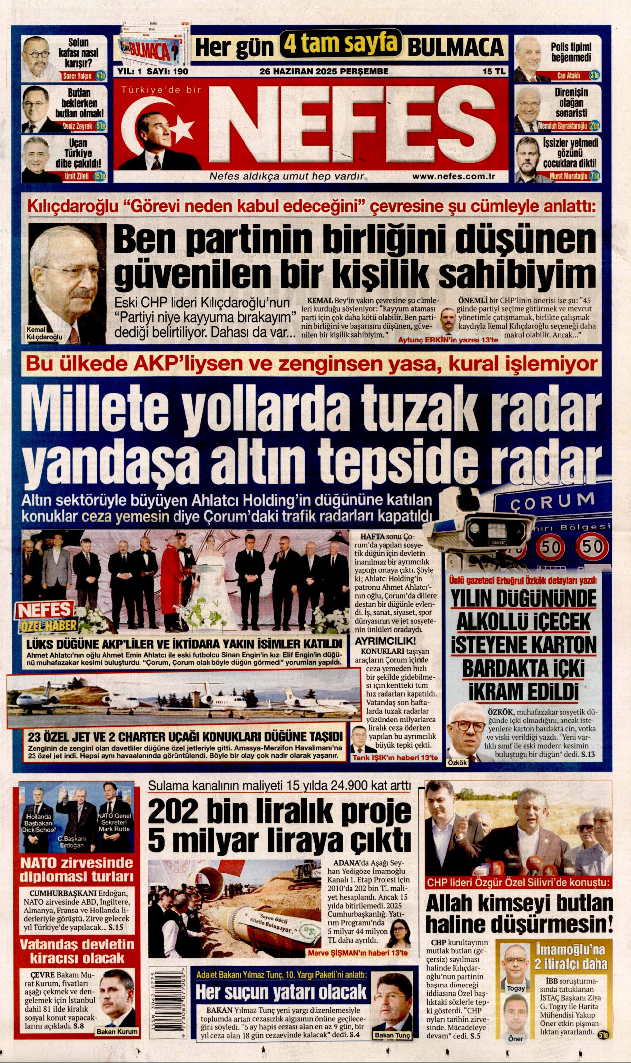 NEFES gazetesinin 26 Haziran 2025 tarihli birinci sayfası