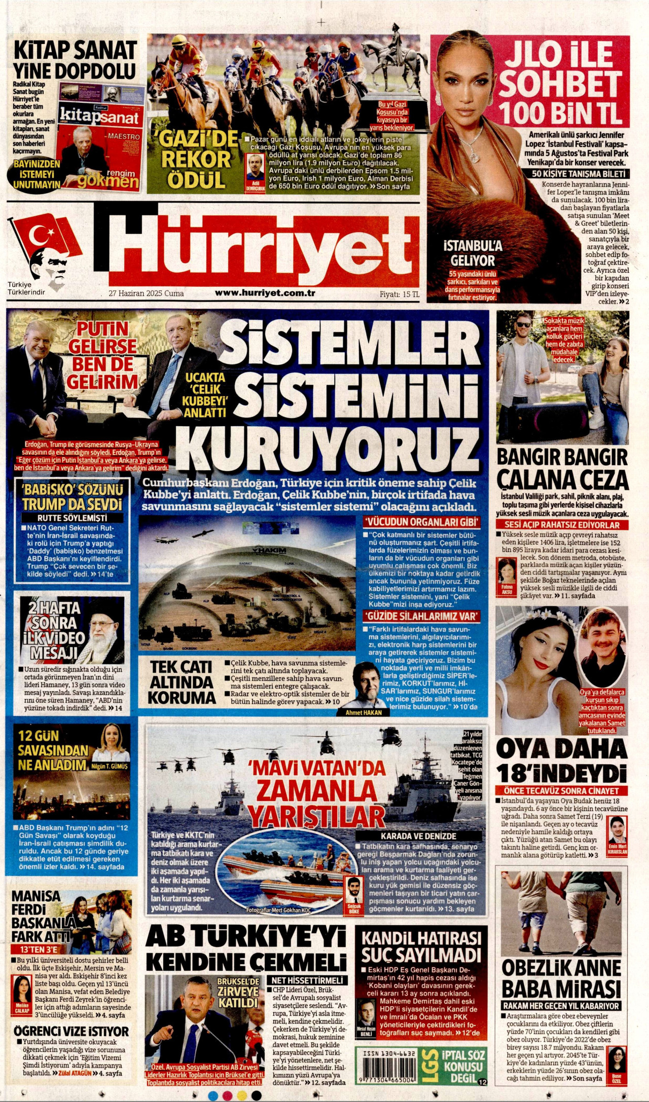 HÜRRİYET gazetesinin 27 Haziran 2025 tarihli birinci sayfası