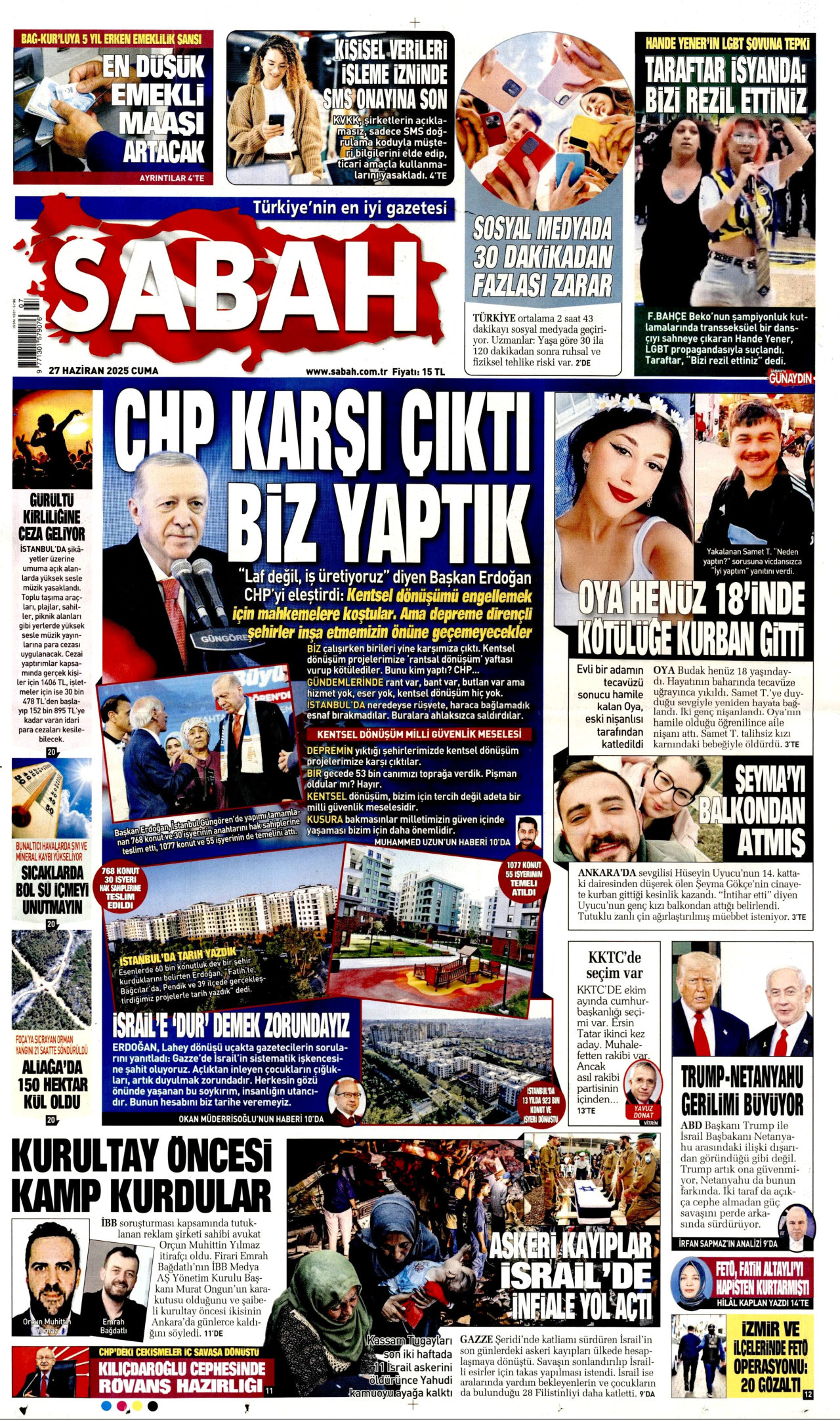 SABAH gazetesinin 27 Haziran 2025 tarihli birinci sayfası