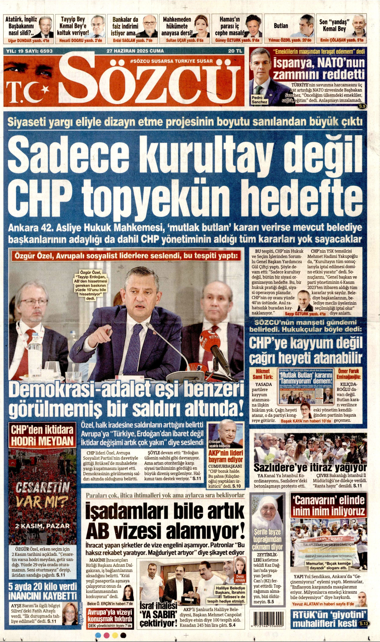 SÖZCÜ gazetesinin 27 Haziran 2025 tarihli birinci sayfası