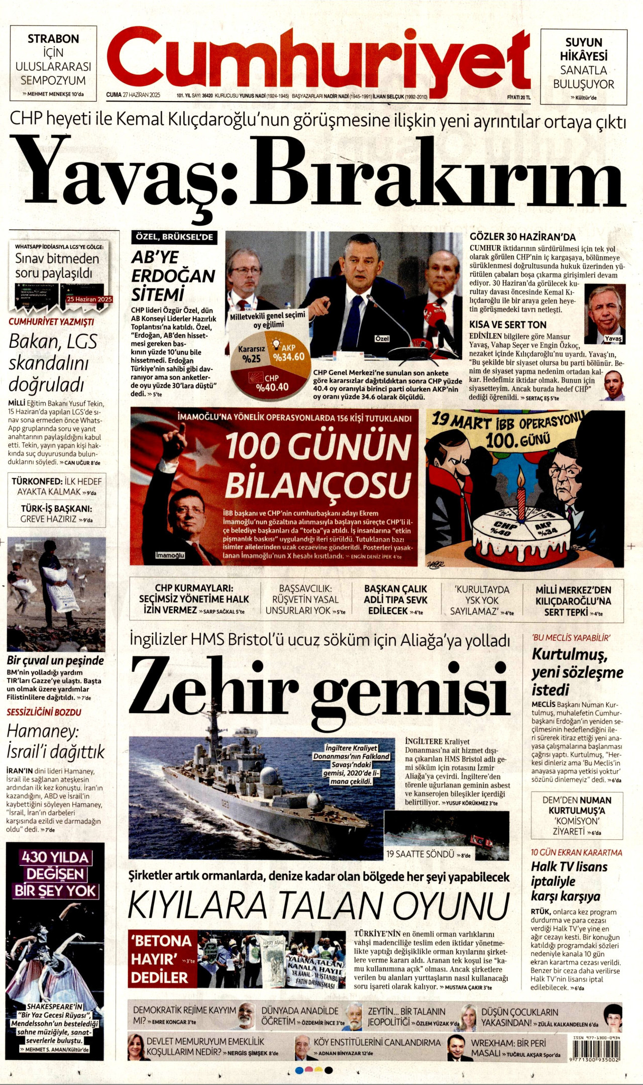 CUMHURİYET gazetesinin 27 Haziran 2025 tarihli birinci sayfası