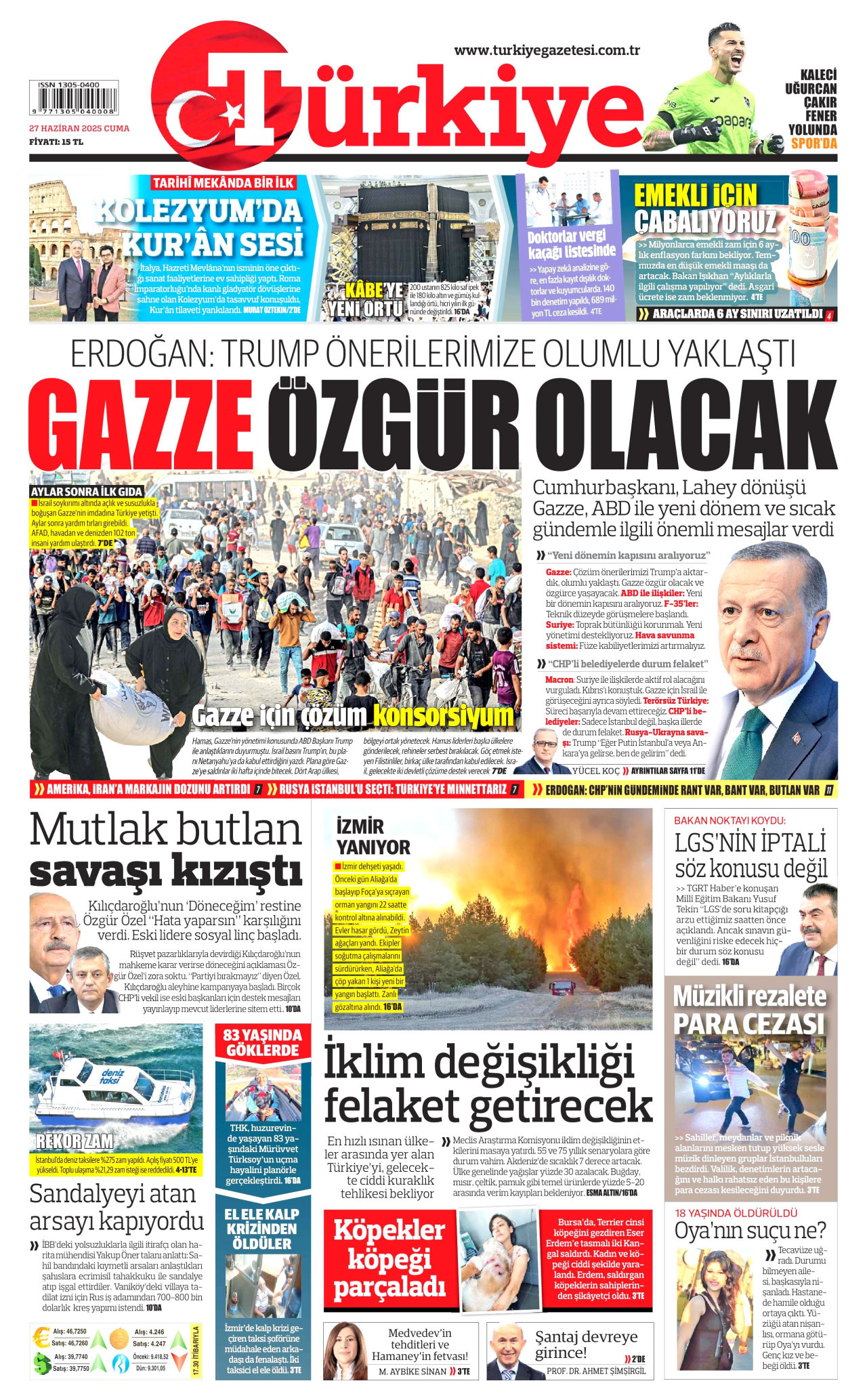 TÜRKİYE GAZETESİ gazetesinin 27 Haziran 2025 tarihli birinci sayfası