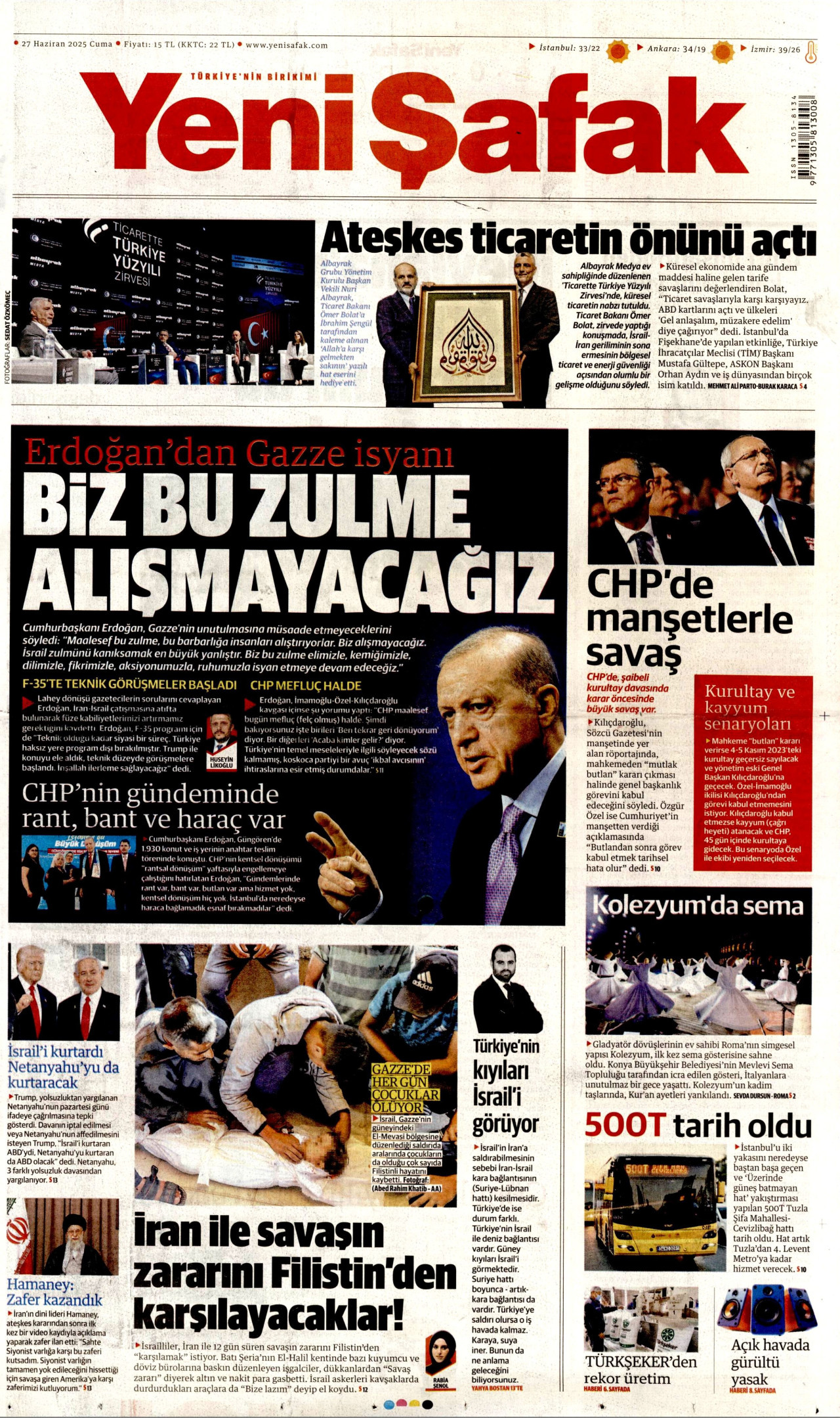 YENİ ŞAFAK gazetesinin 27 Haziran 2025 tarihli birinci sayfası