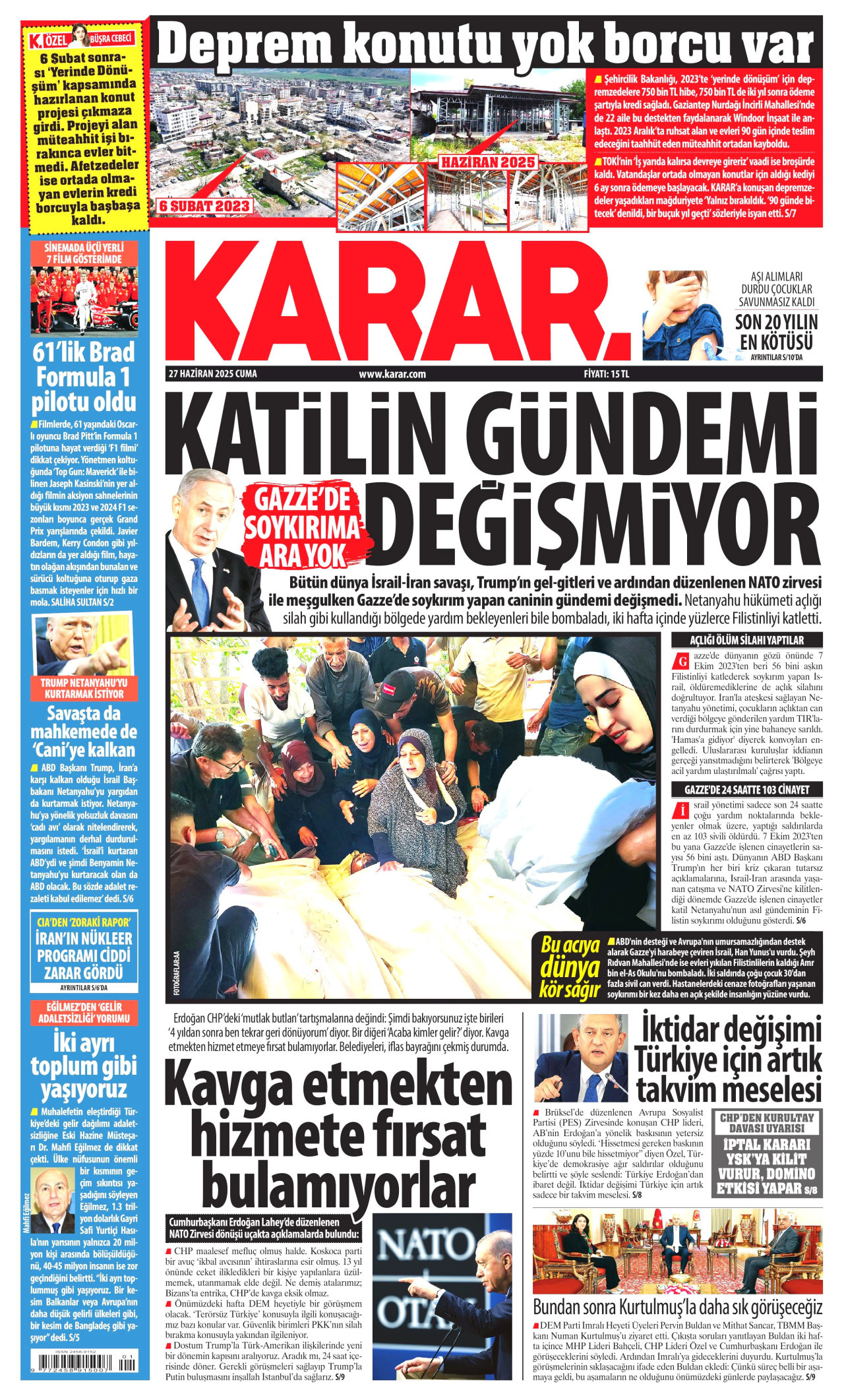 KARAR gazetesinin 27 Haziran 2025 tarihli birinci sayfası