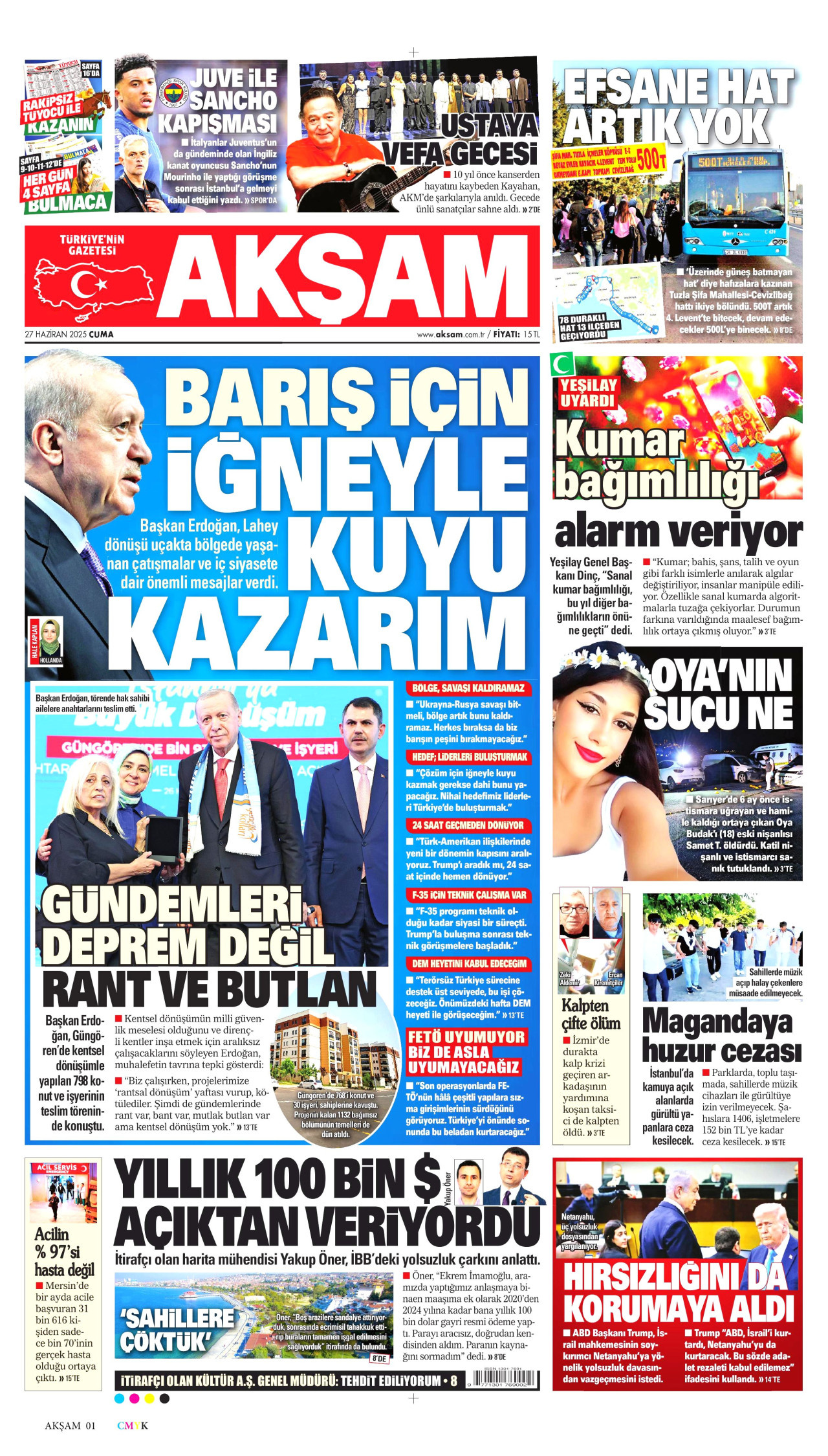 AKŞAM gazetesinin 27 Haziran 2025 tarihli birinci sayfası