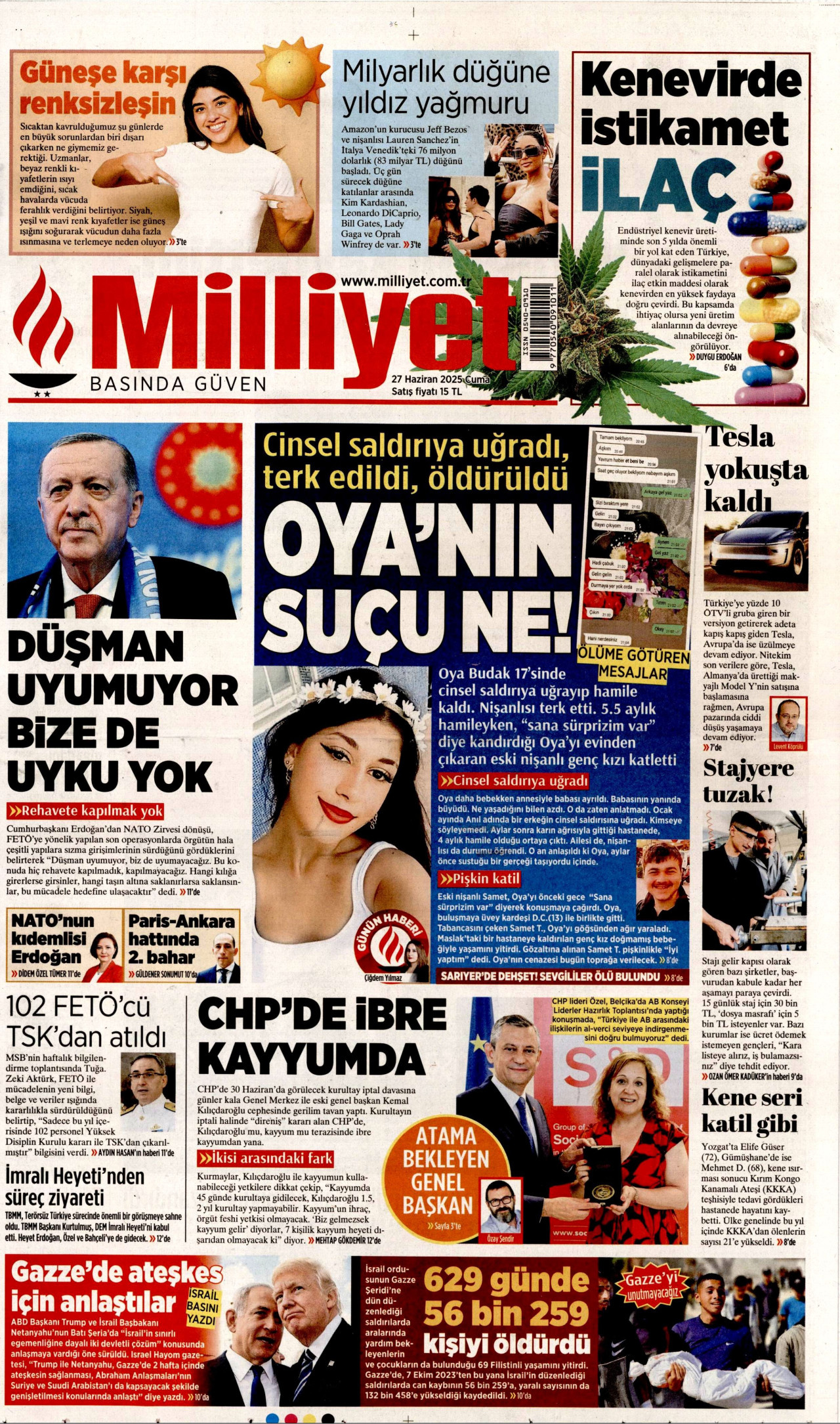 MİLLİYET gazetesinin 27 Haziran 2025 tarihli birinci sayfası