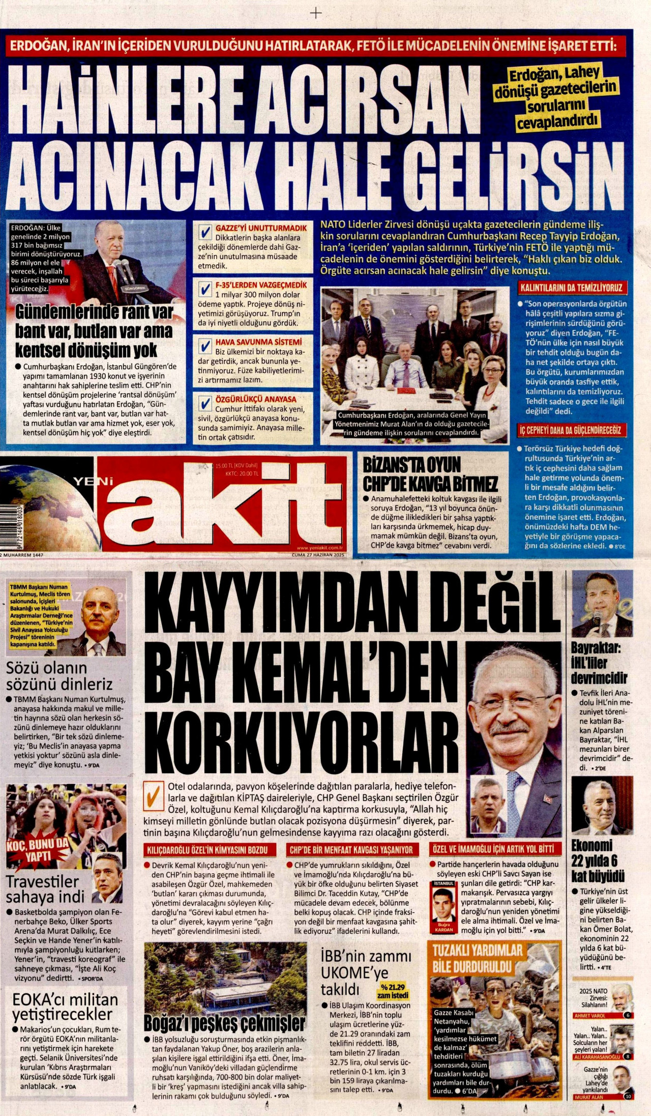 YENİ AKİT gazetesinin 27 Haziran 2025 tarihli birinci sayfası