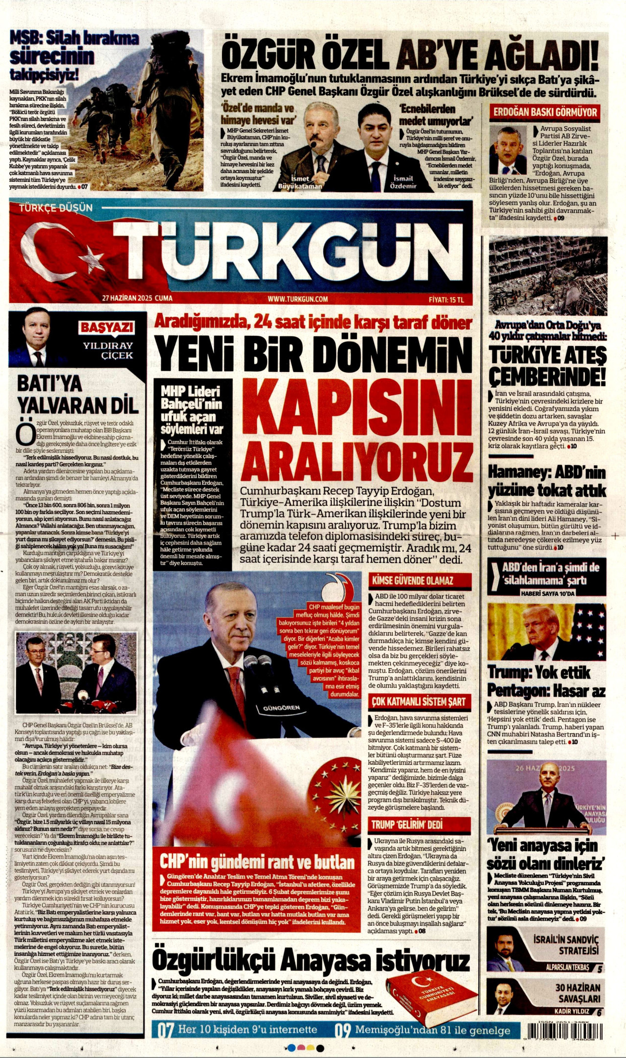 TÜRKGÜN gazetesinin 27 Haziran 2025 tarihli birinci sayfası