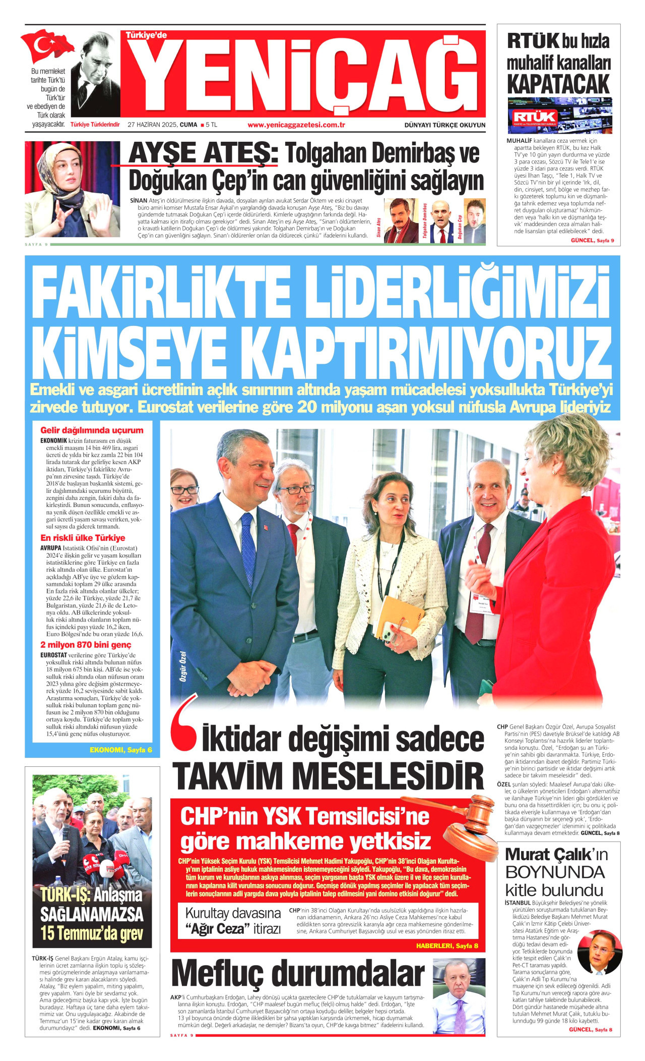 YENİÇAĞ gazetesinin 27 Haziran 2025 tarihli birinci sayfası