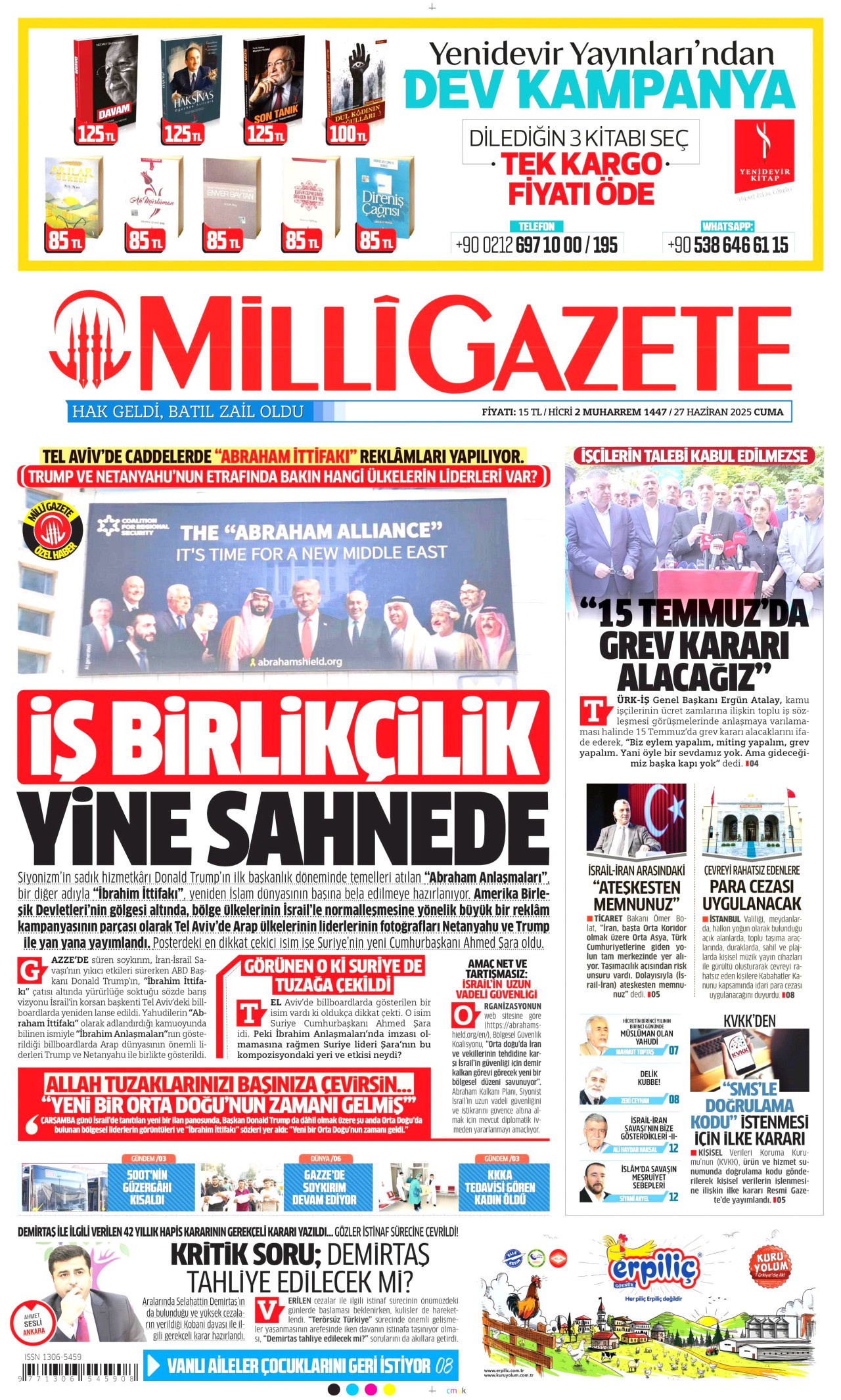 MİLLİ GAZETE gazetesinin 27 Haziran 2025 tarihli birinci sayfası