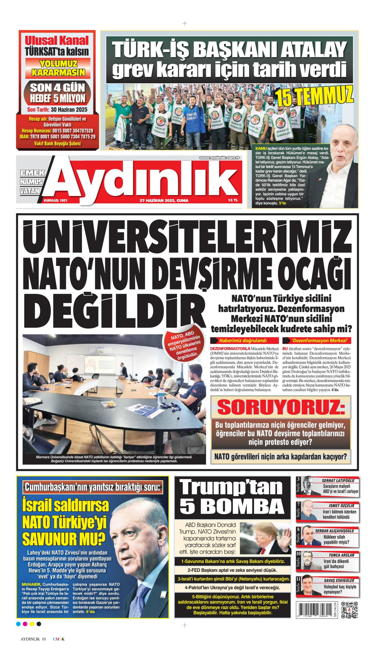 AYDINLIK GAZETESİ gazetesinin 27 Haziran 2025 tarihli birinci sayfası