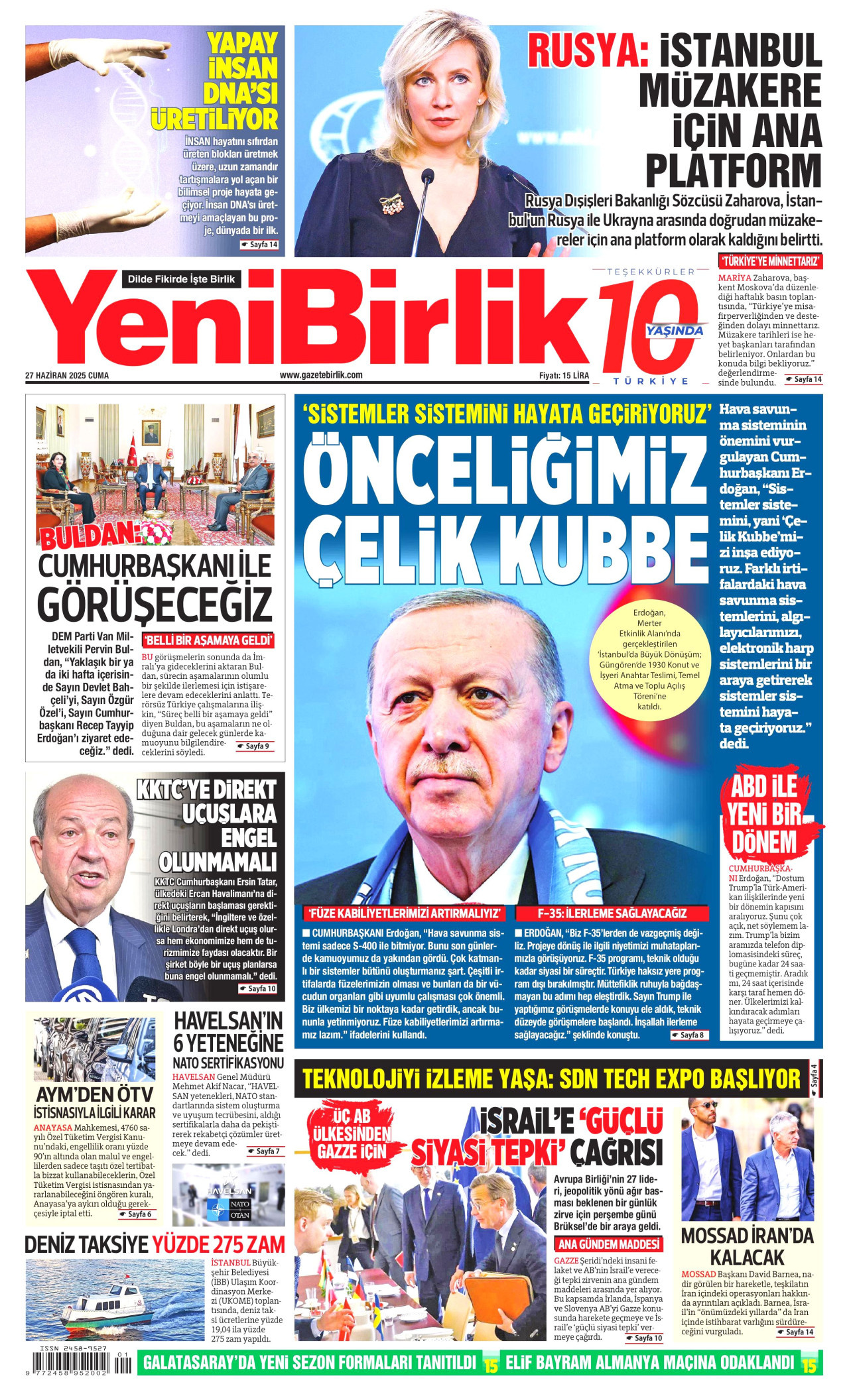 YENİBİRLİK gazetesinin 27 Haziran 2025 tarihli birinci sayfası