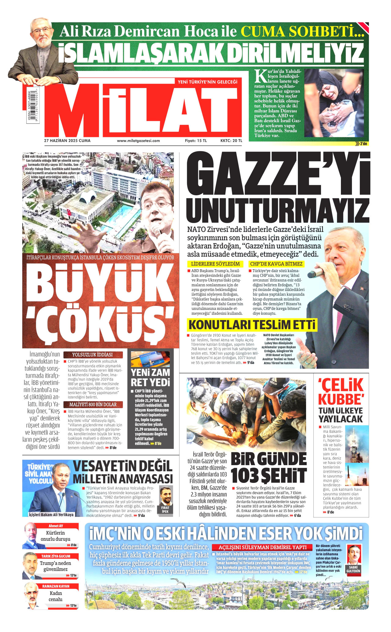 MİLAT gazetesinin 27 Haziran 2025 tarihli birinci sayfası