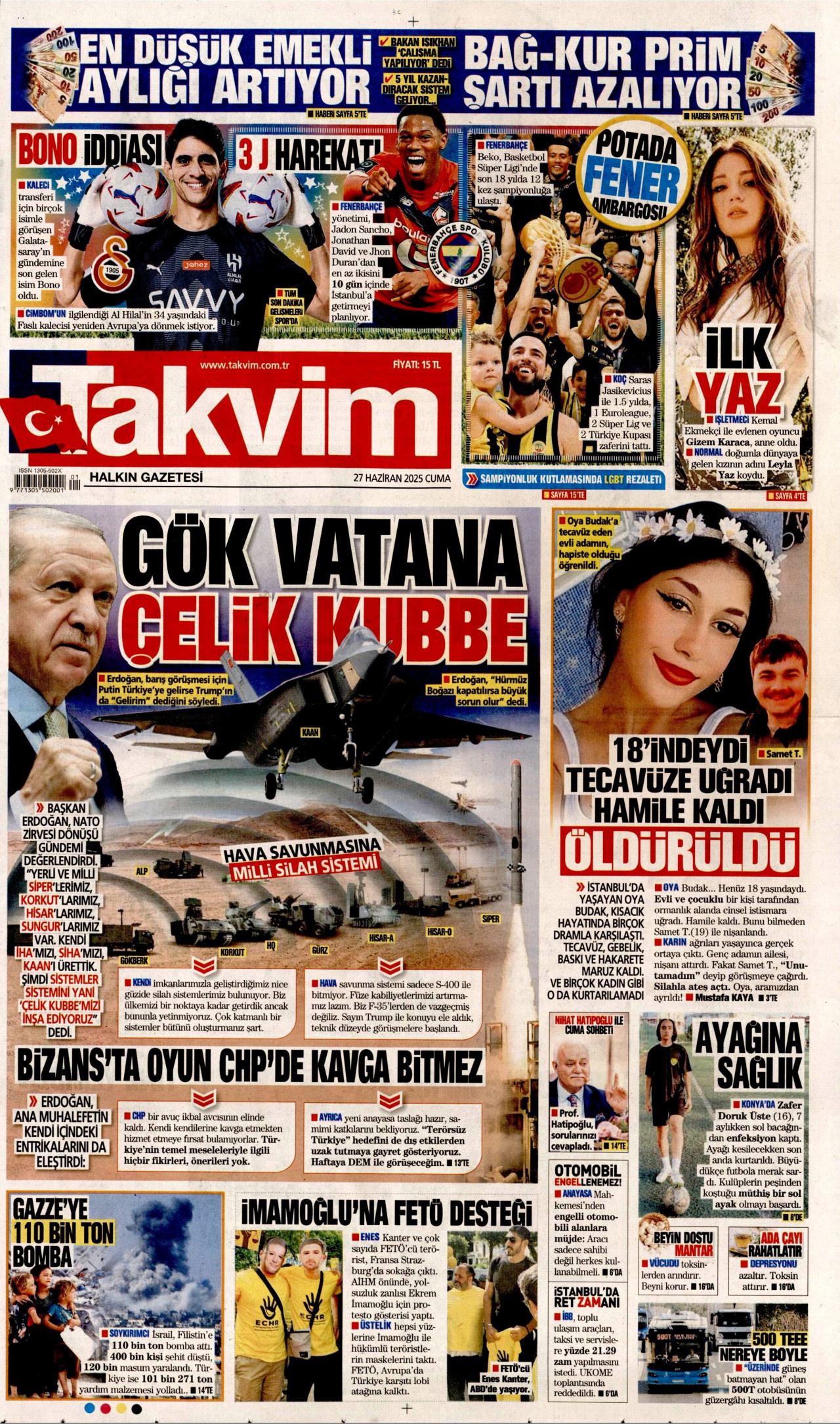 TAKVİM gazetesinin 27 Haziran 2025 tarihli birinci sayfası