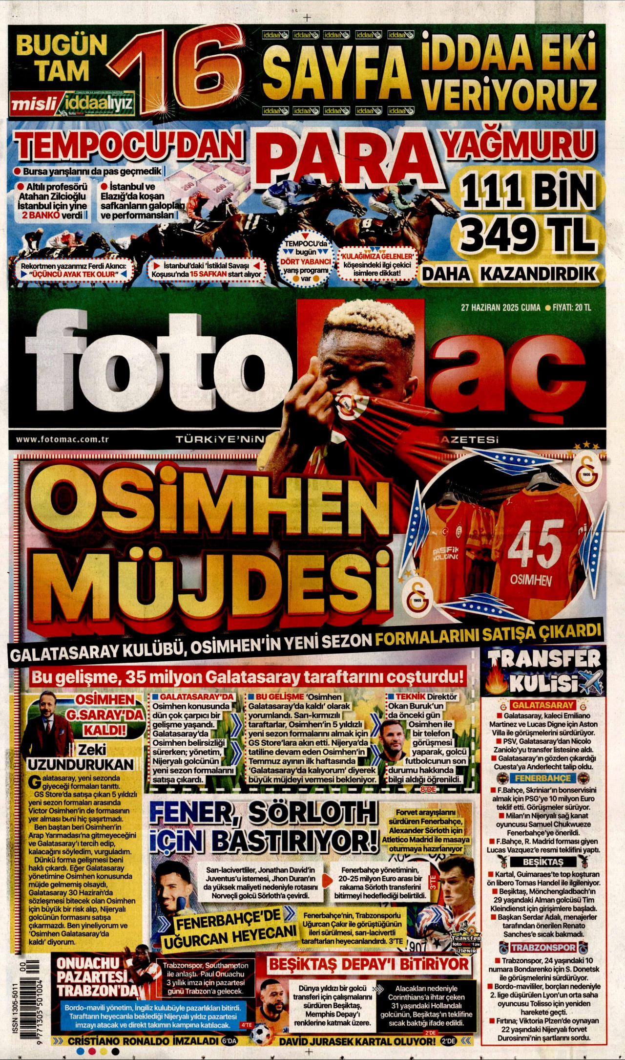 FOTOMAÇ gazetesinin 27 Haziran 2025 tarihli birinci sayfası