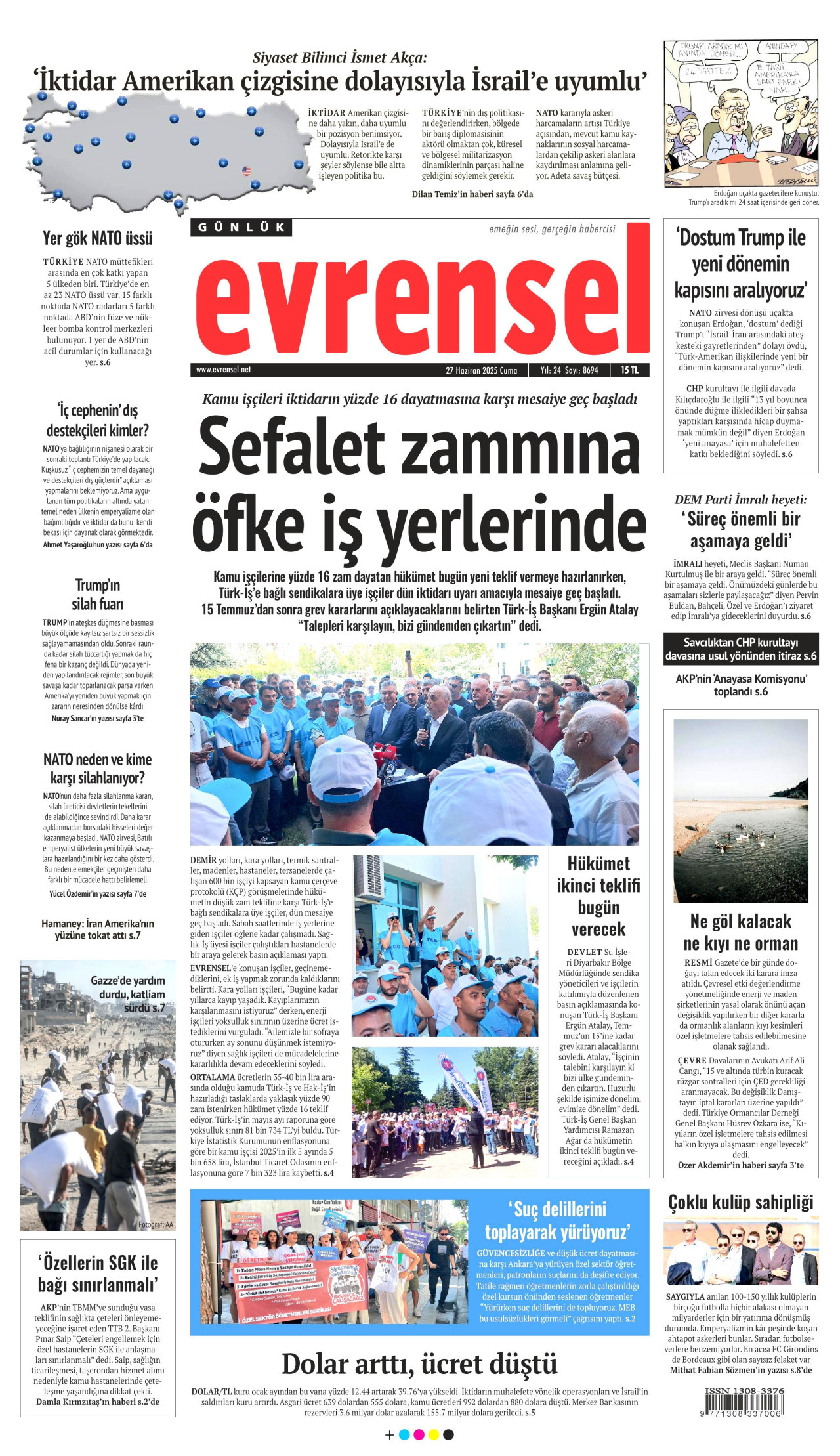 EVRENSEL gazetesinin 27 Haziran 2025 tarihli birinci sayfası