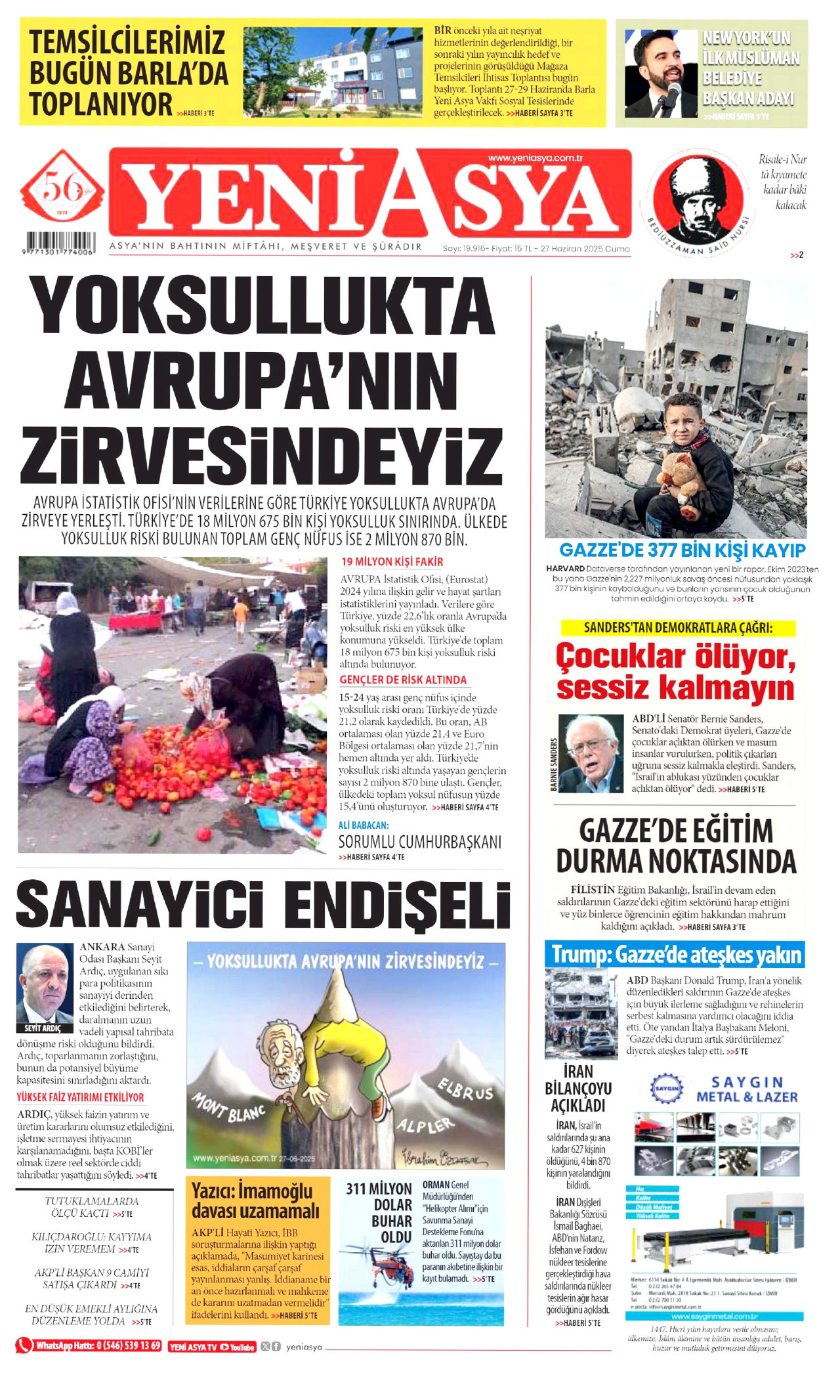 YENİ ASYA gazetesinin 27 Haziran 2025 tarihli birinci sayfası