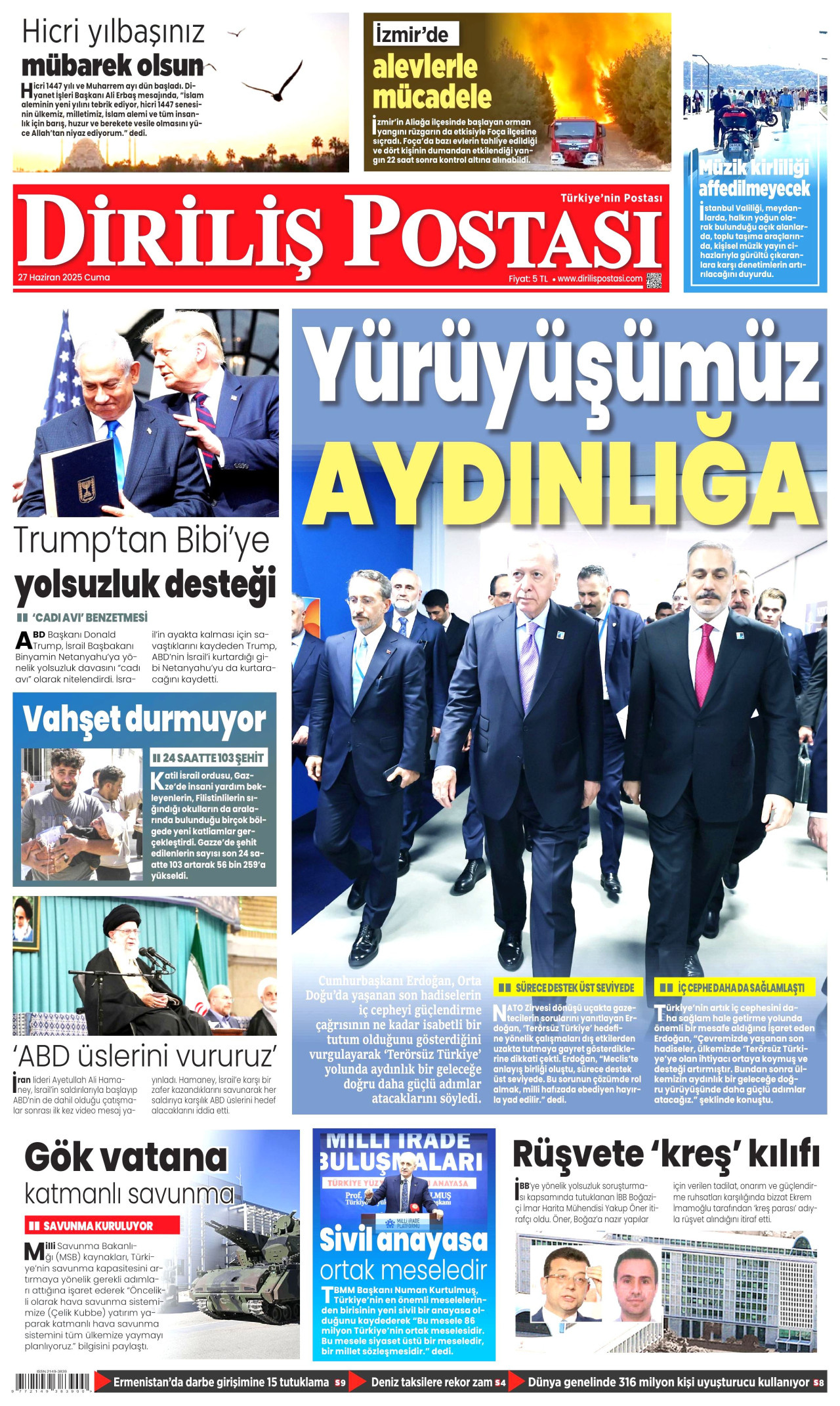 DİRİLİŞ POSTASI gazetesinin 27 Haziran 2025 tarihli birinci sayfası