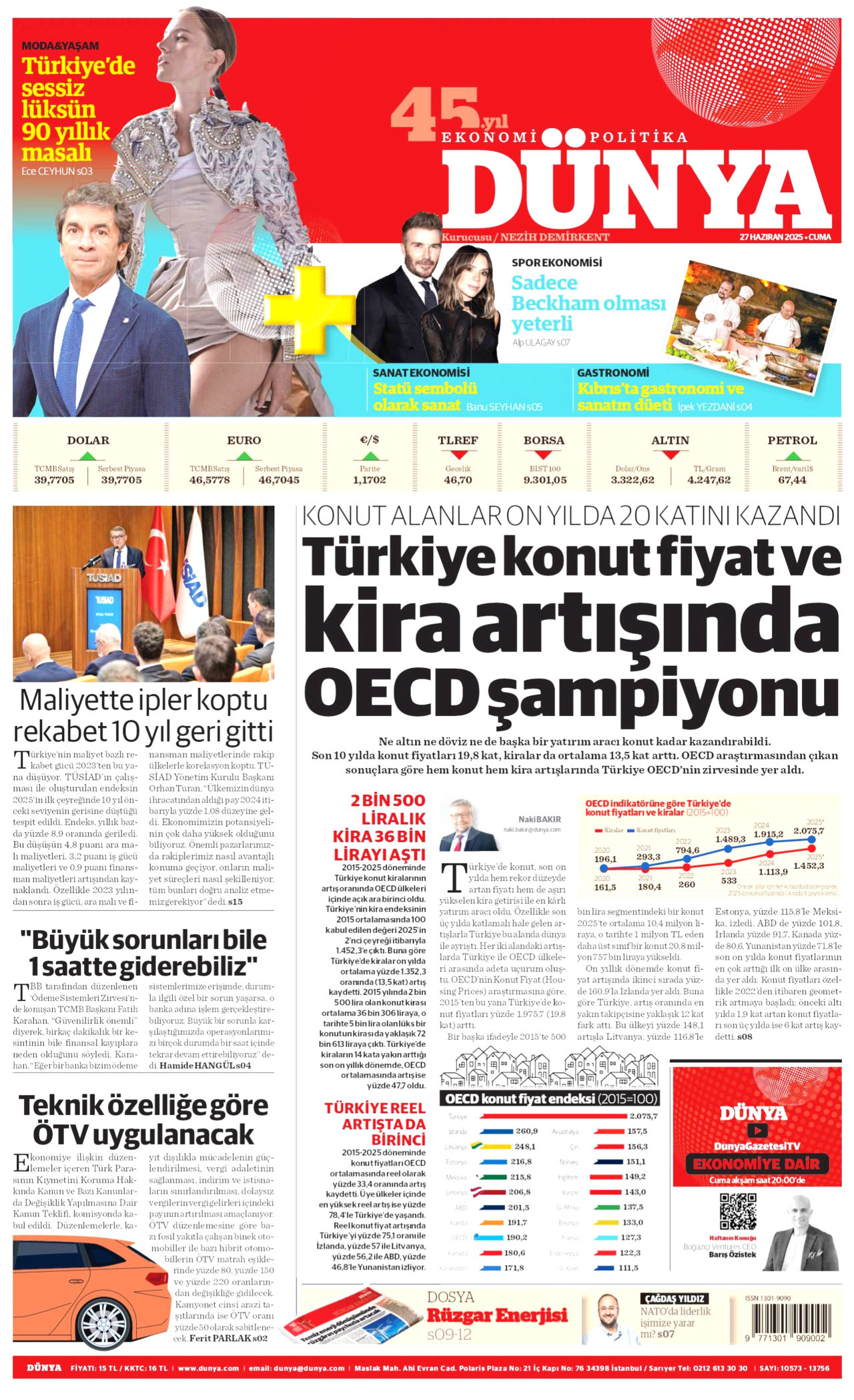 DÜNYA gazetesinin 27 Haziran 2025 tarihli birinci sayfası