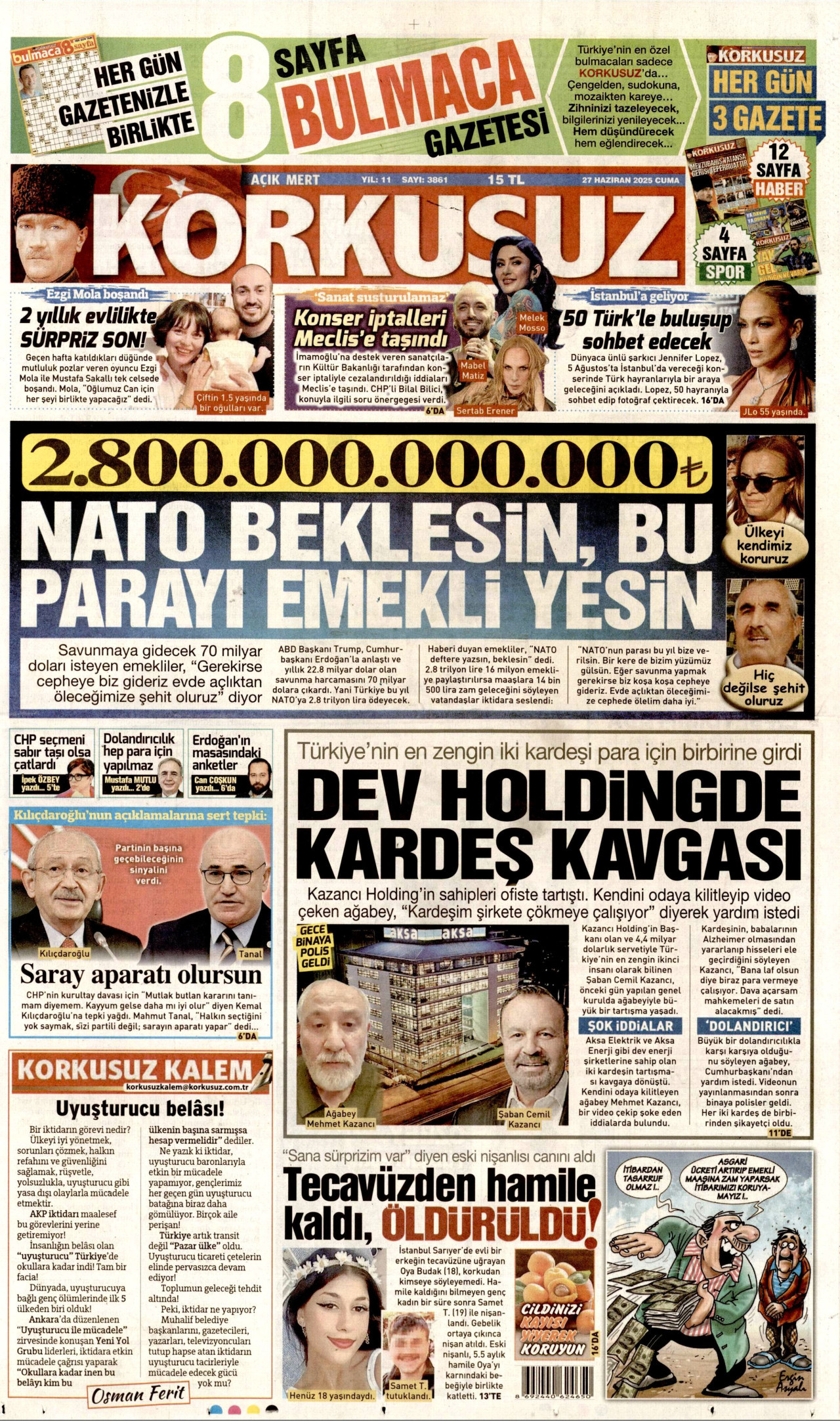 KORKUSUZ gazetesinin 27 Haziran 2025 tarihli birinci sayfası
