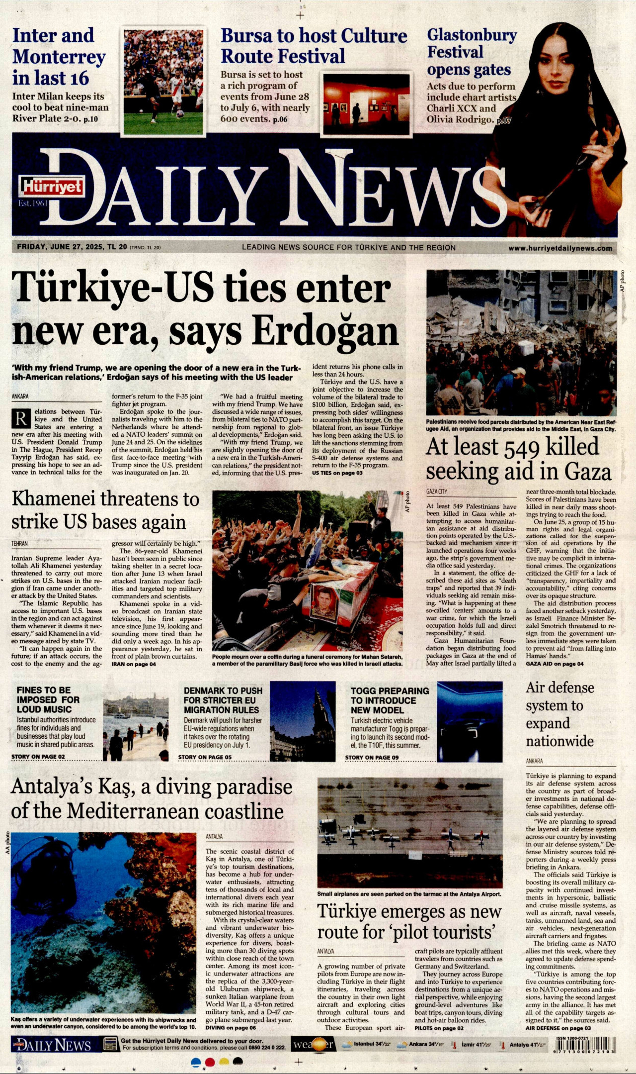 HÜRRİYET DAİLY NEWS gazetesinin 27 Haziran 2025 tarihli birinci sayfası
