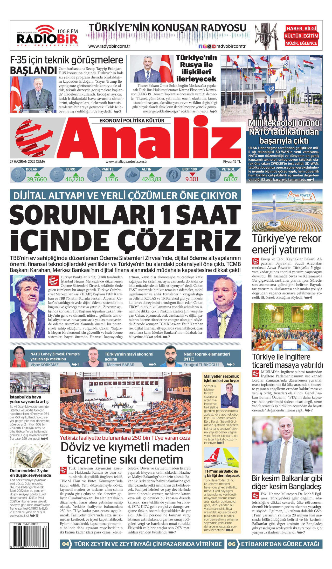 ANALİZ gazetesinin 27 Haziran 2025 tarihli birinci sayfası