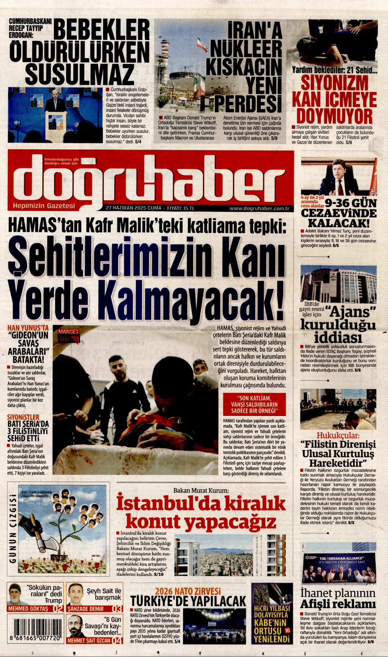 DOĞRU HABER gazetesinin 27 Haziran 2025 tarihli birinci sayfası