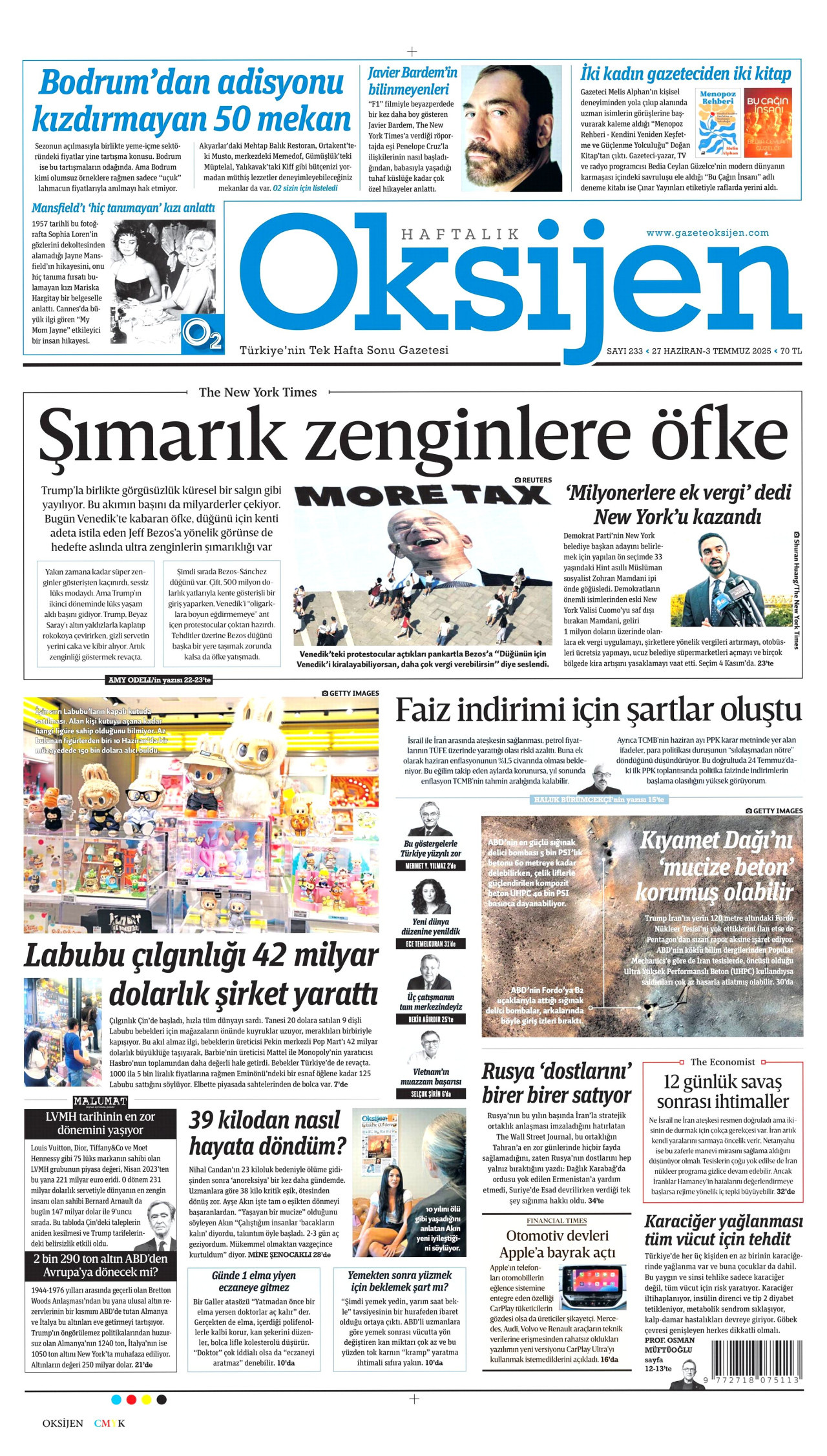 OKSİJEN gazetesinin 27 Haziran 2025 tarihli birinci sayfası