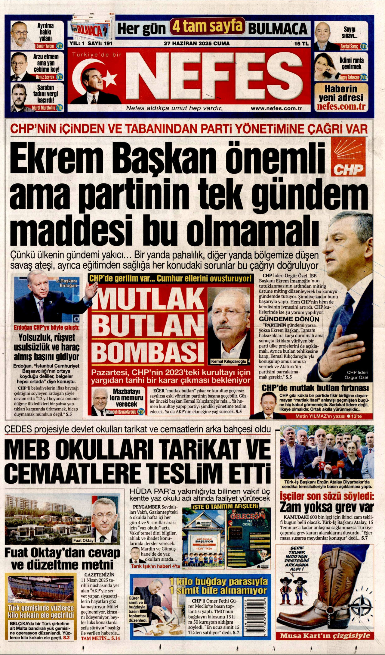 NEFES gazetesinin 27 Haziran 2025 tarihli birinci sayfası