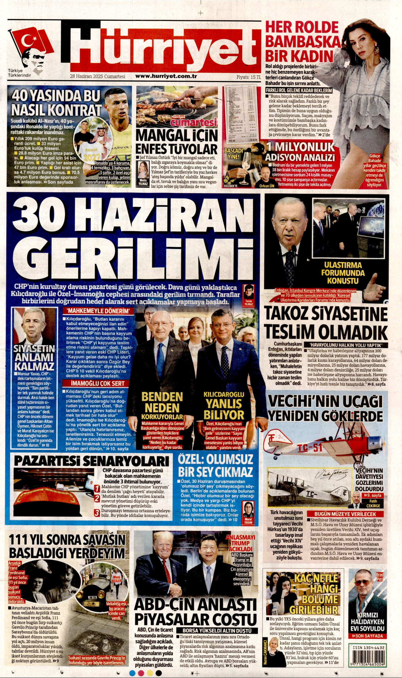 HÜRRİYET gazetesinin 28 Haziran 2025 tarihli birinci sayfası