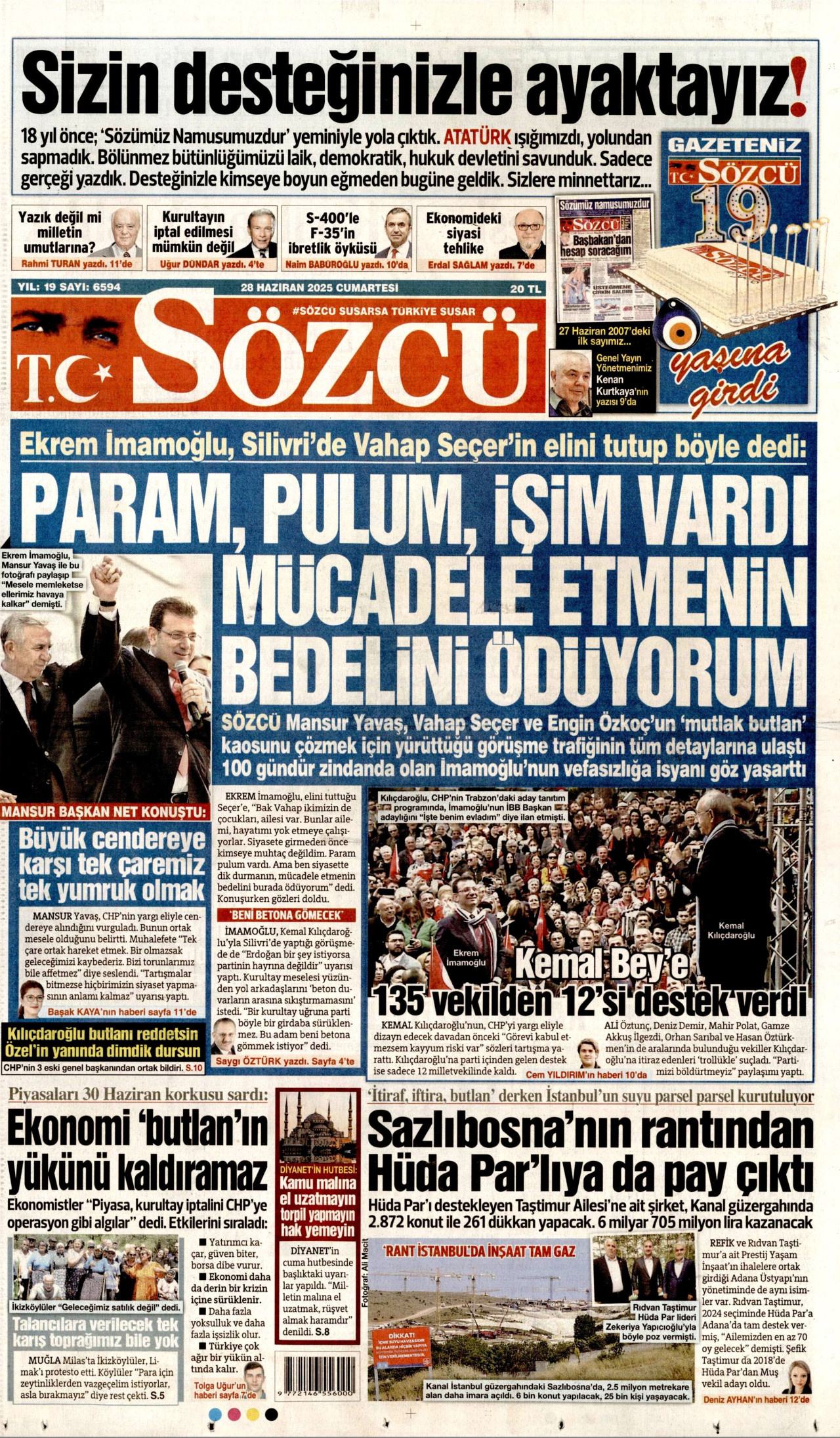 SÖZCÜ gazetesinin 28 Haziran 2025 tarihli birinci sayfası