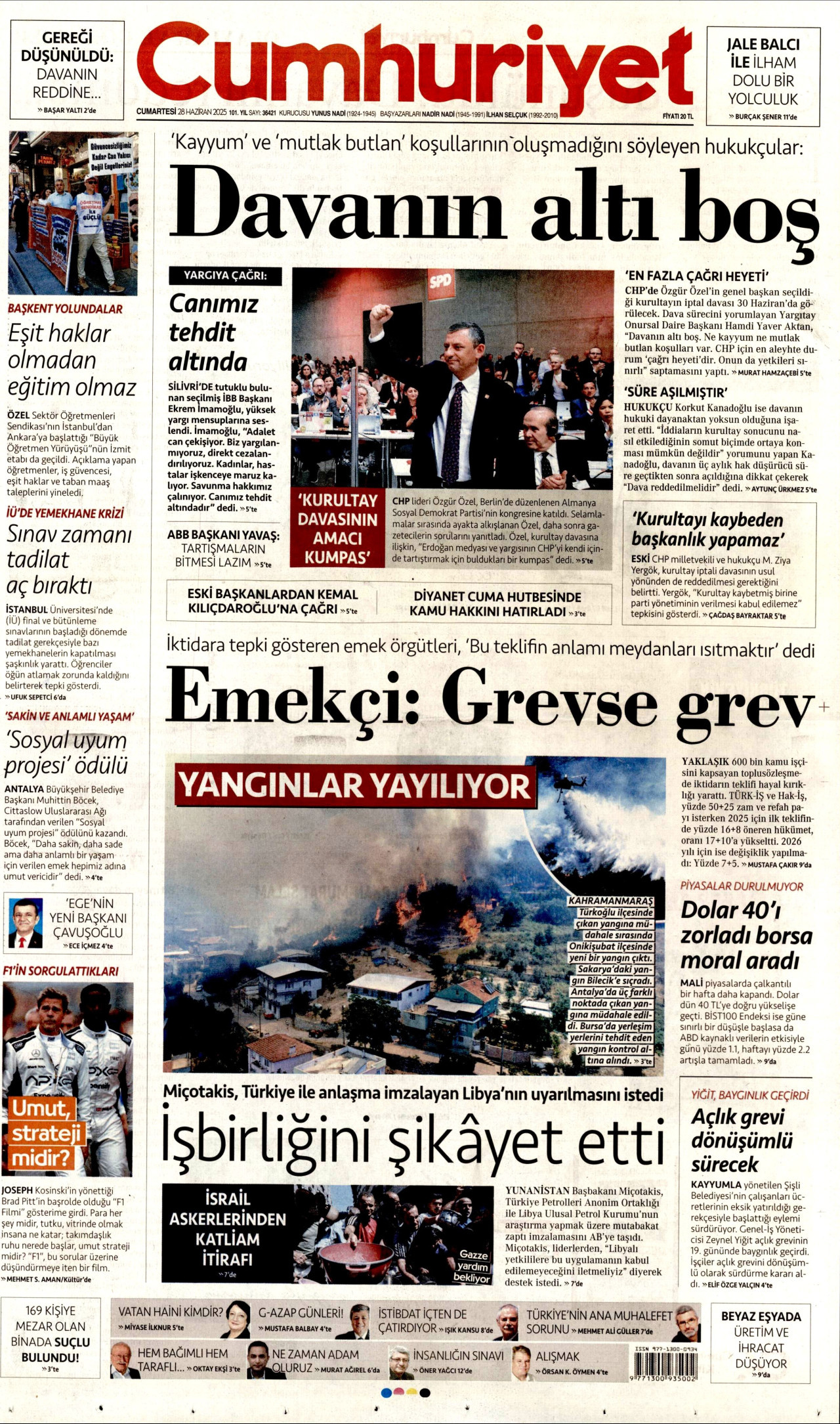 CUMHURİYET gazetesinin 28 Haziran 2025 tarihli birinci sayfası