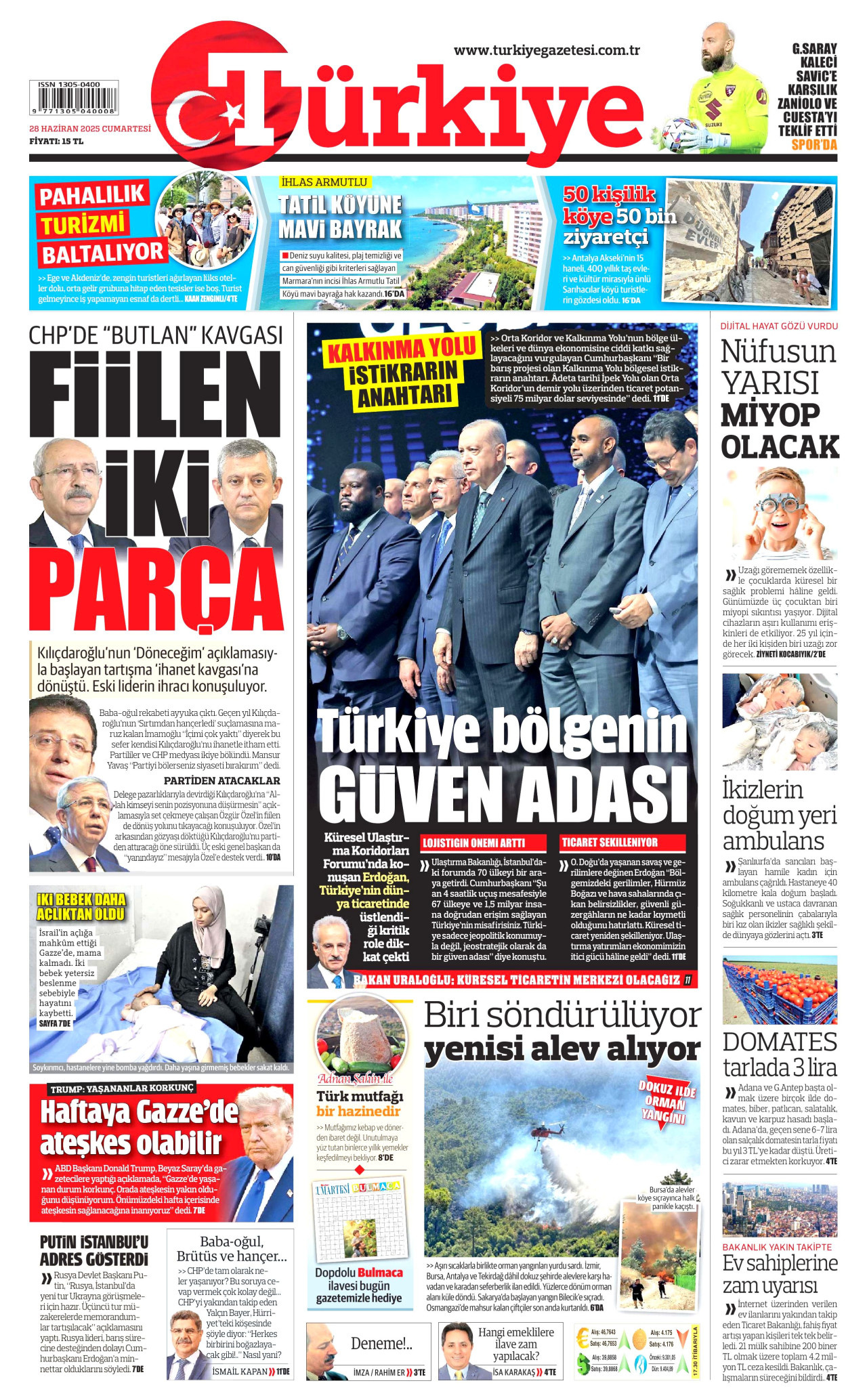 TÜRKİYE GAZETESİ gazetesinin 28 Haziran 2025 tarihli birinci sayfası