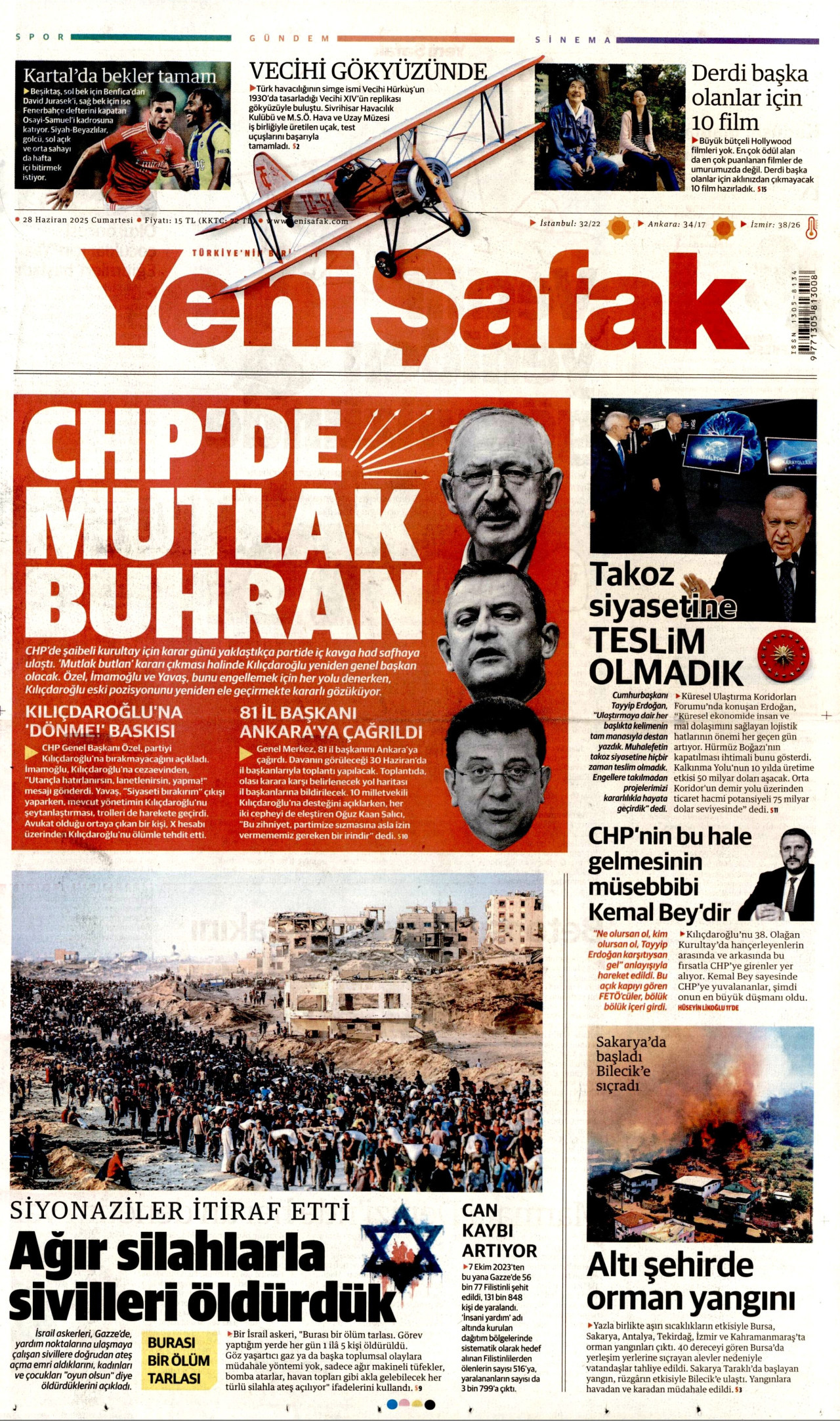 YENİ ŞAFAK gazetesinin 28 Haziran 2025 tarihli birinci sayfası