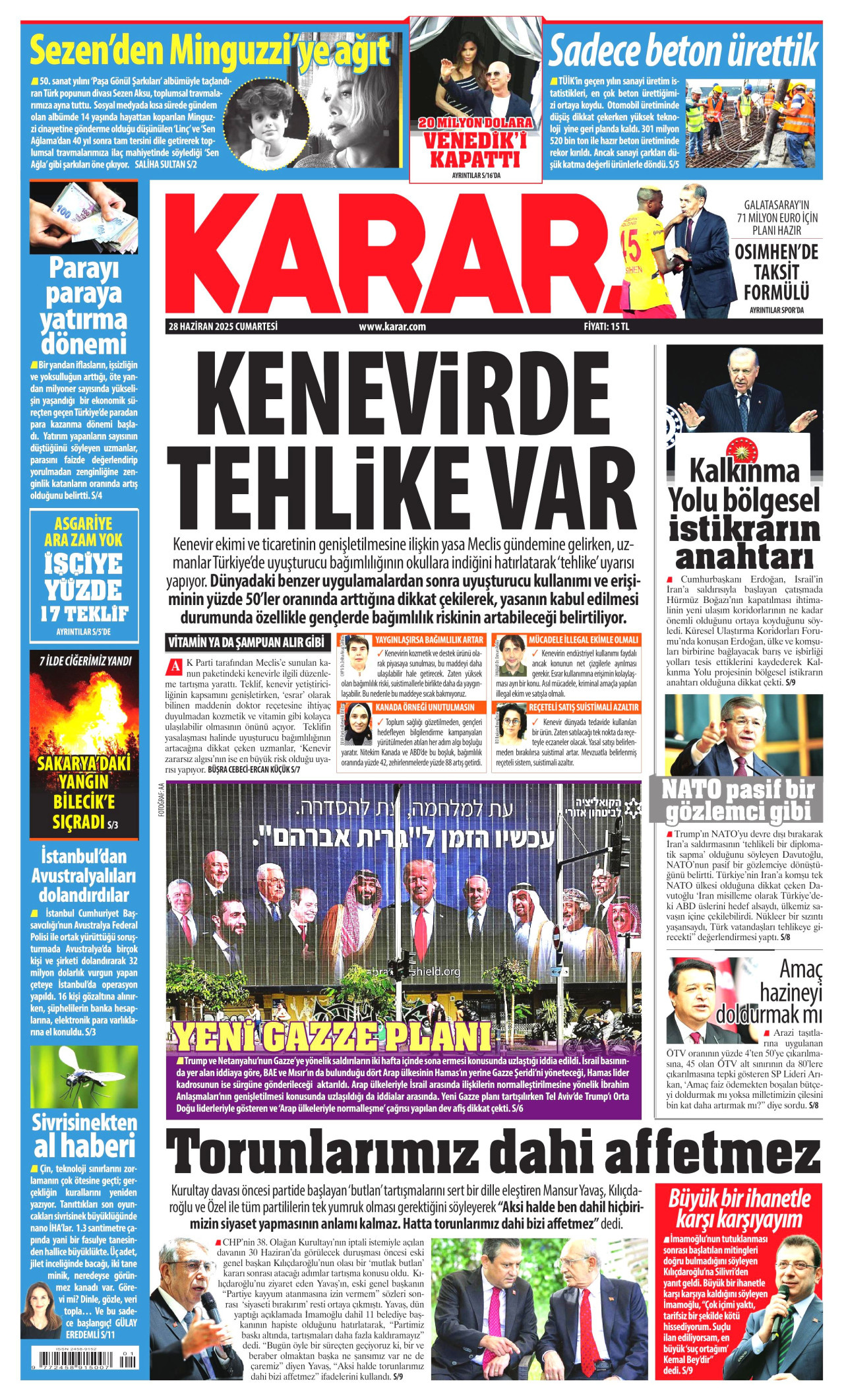 KARAR gazetesinin 28 Haziran 2025 tarihli birinci sayfası