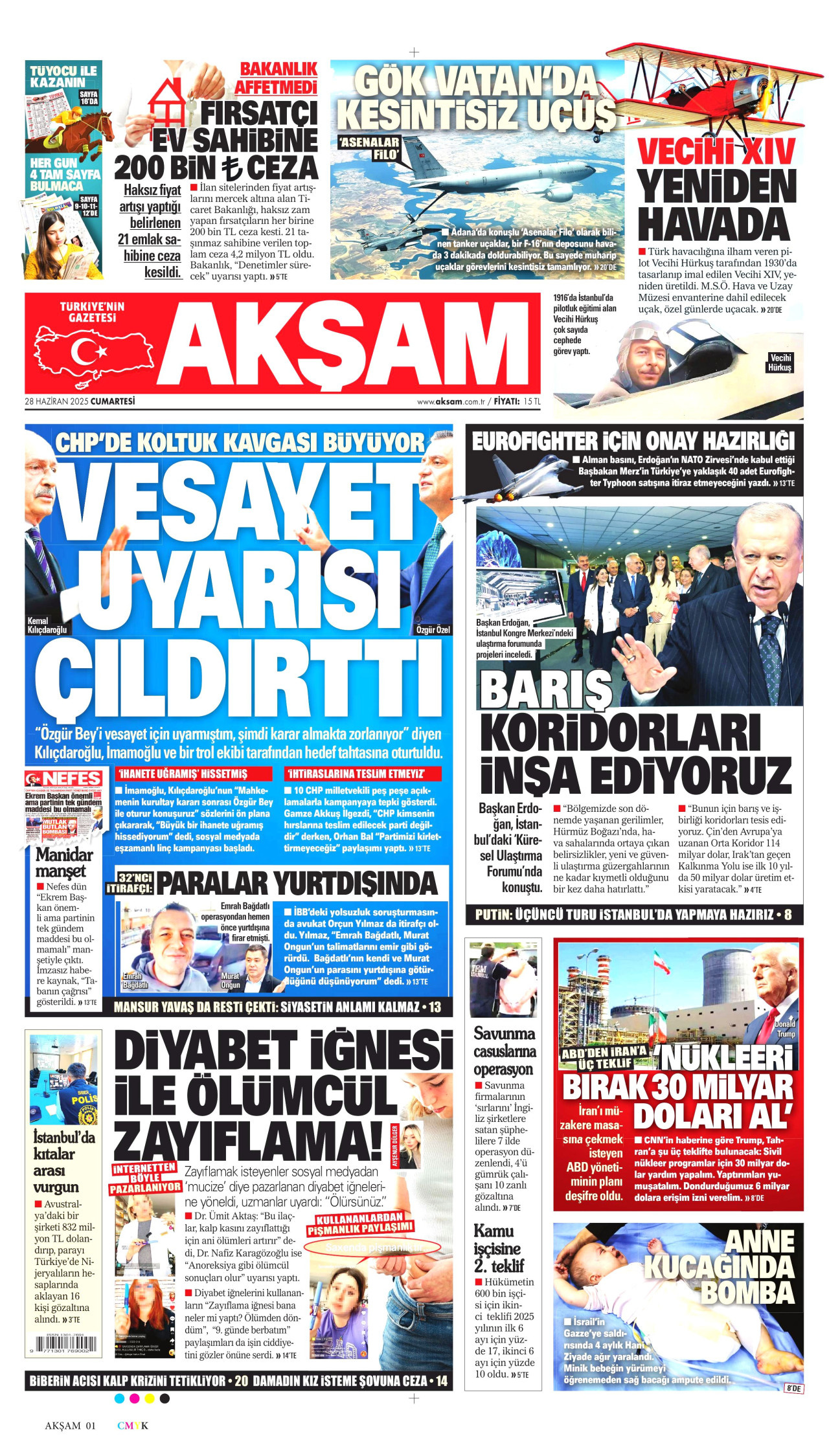 AKŞAM gazetesinin 28 Haziran 2025 tarihli birinci sayfası