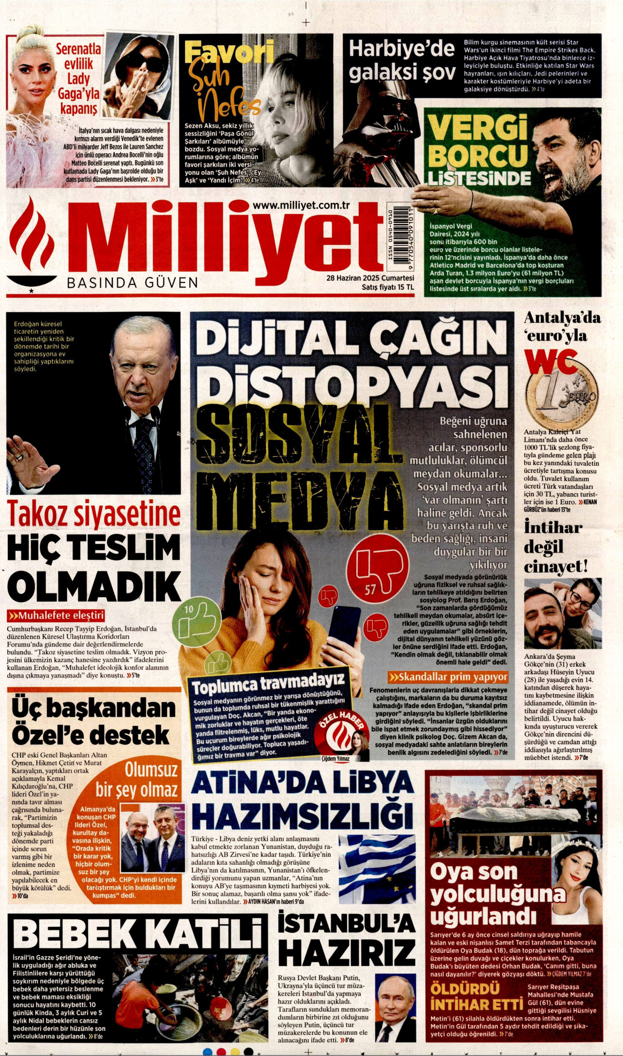 MİLLİYET gazetesinin 28 Haziran 2025 tarihli birinci sayfası