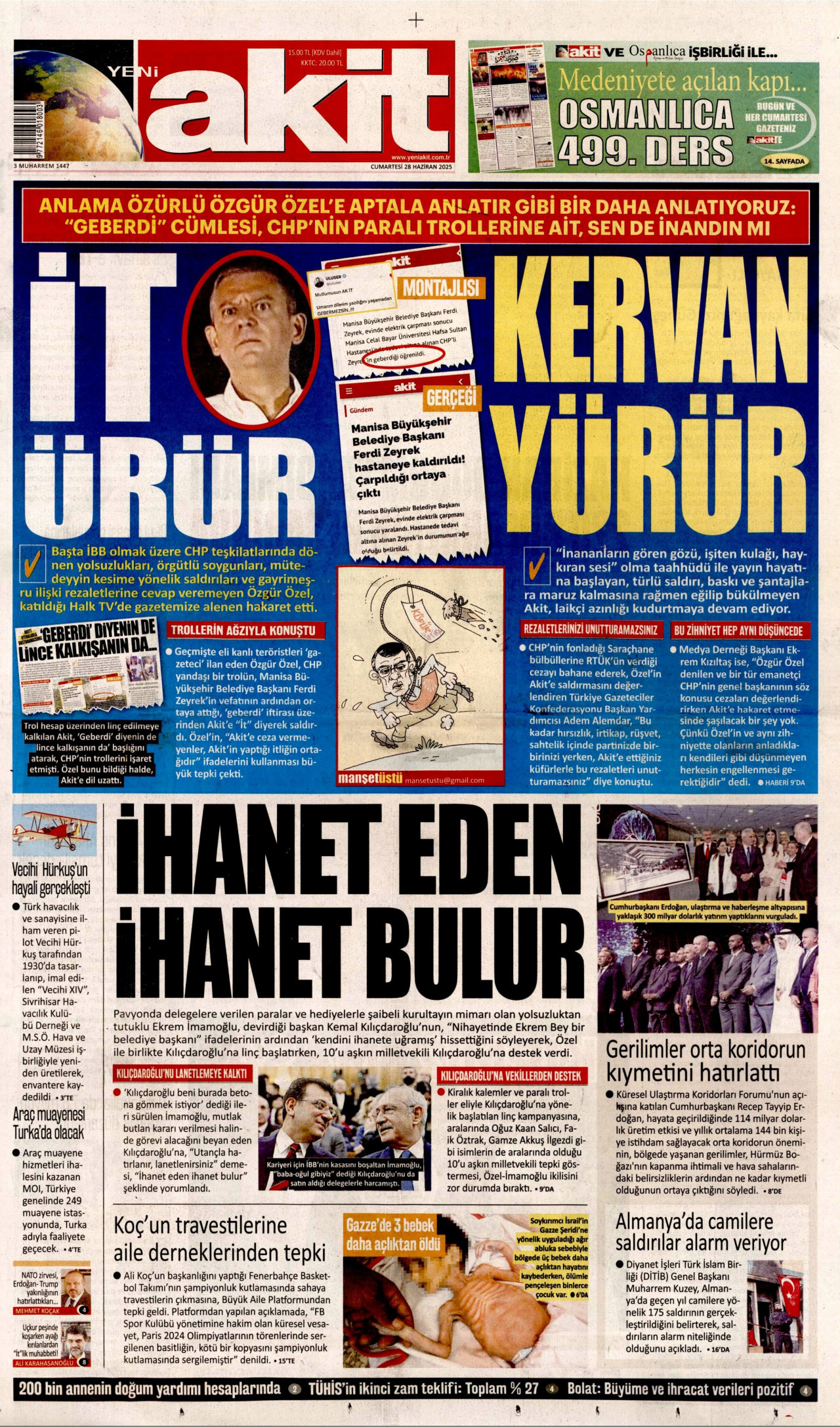 YENİ AKİT gazetesinin 28 Haziran 2025 tarihli birinci sayfası