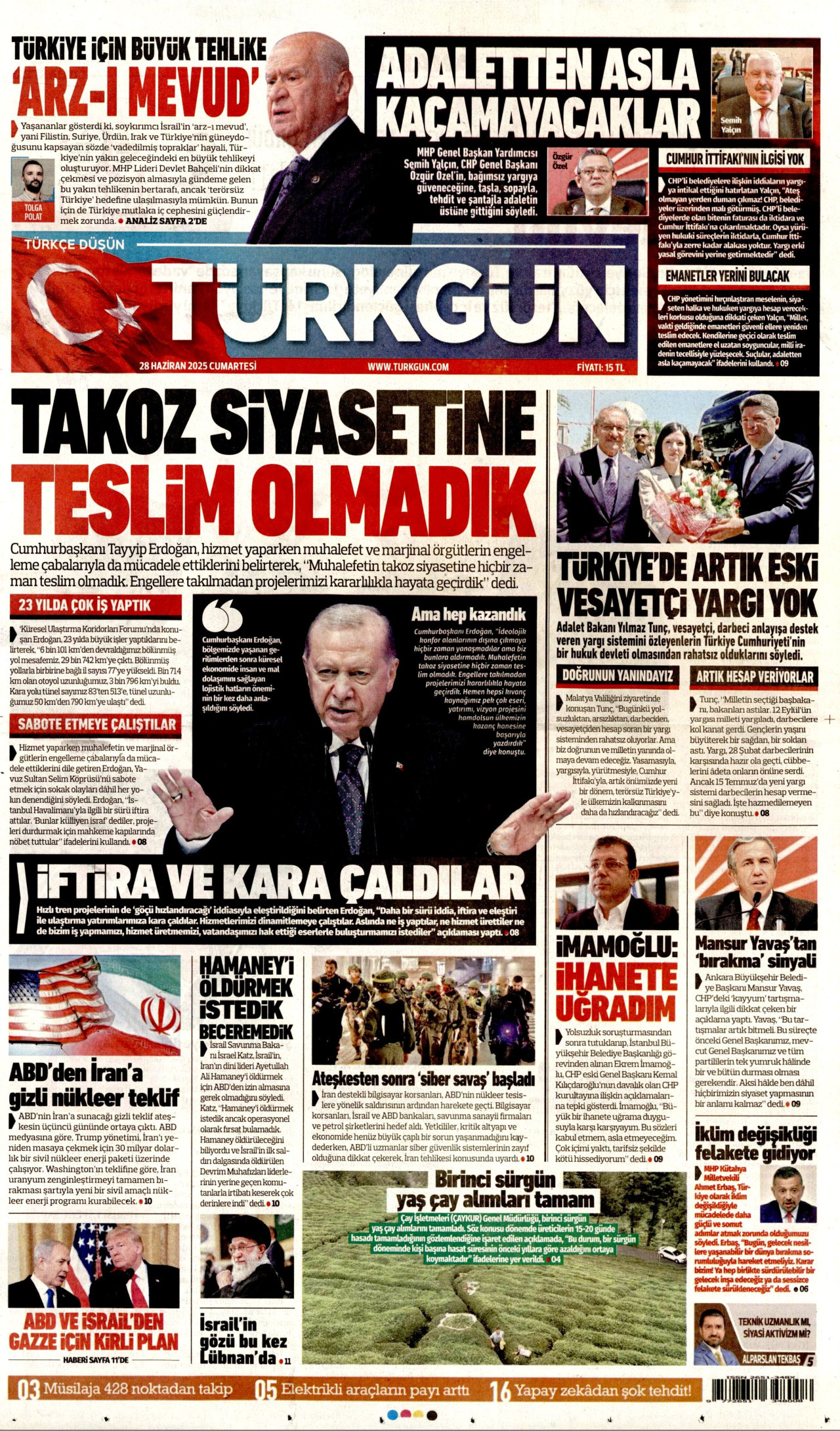 TÜRKGÜN gazetesinin 28 Haziran 2025 tarihli birinci sayfası