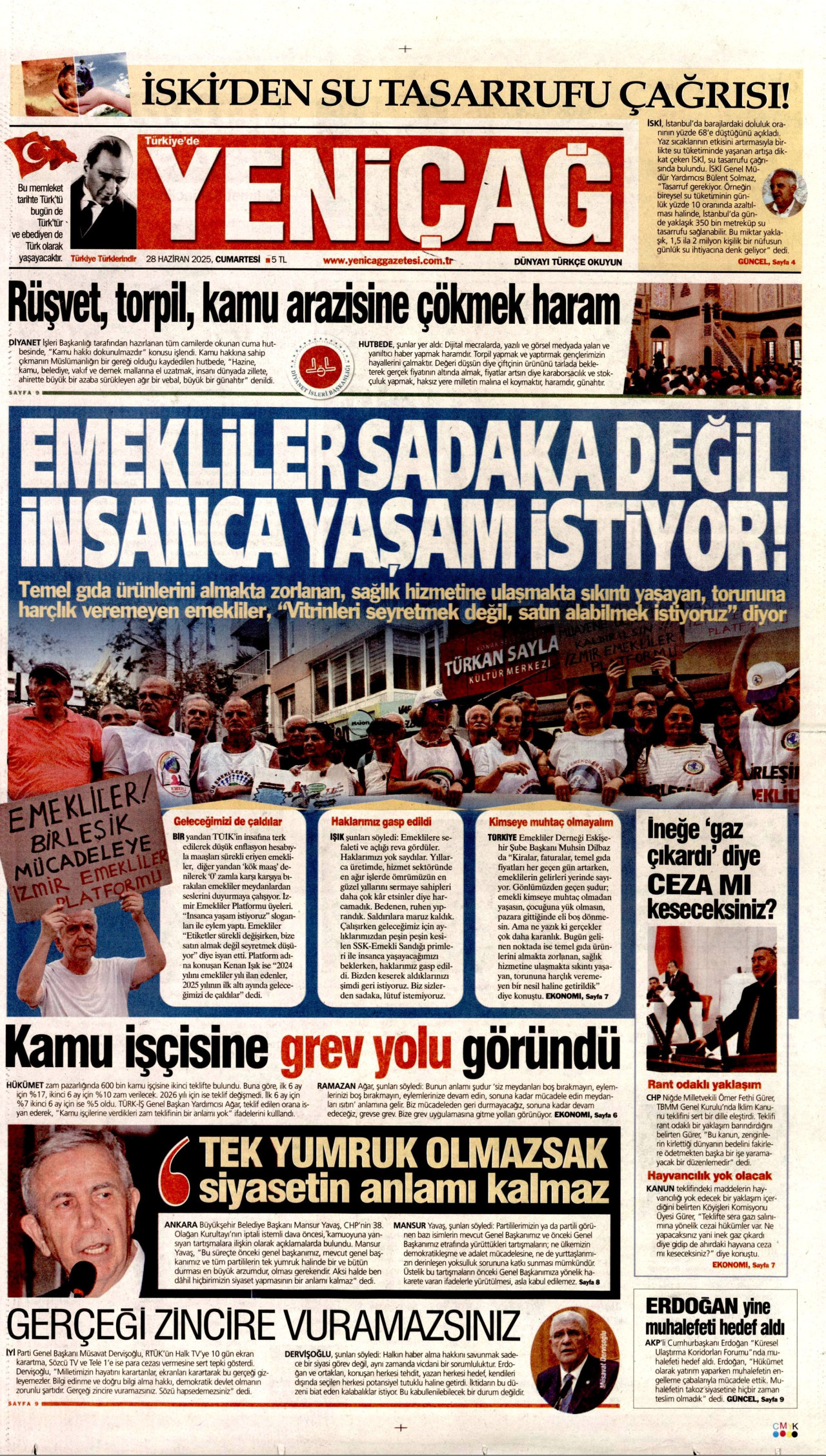 YENİÇAĞ gazetesinin 28 Haziran 2025 tarihli birinci sayfası