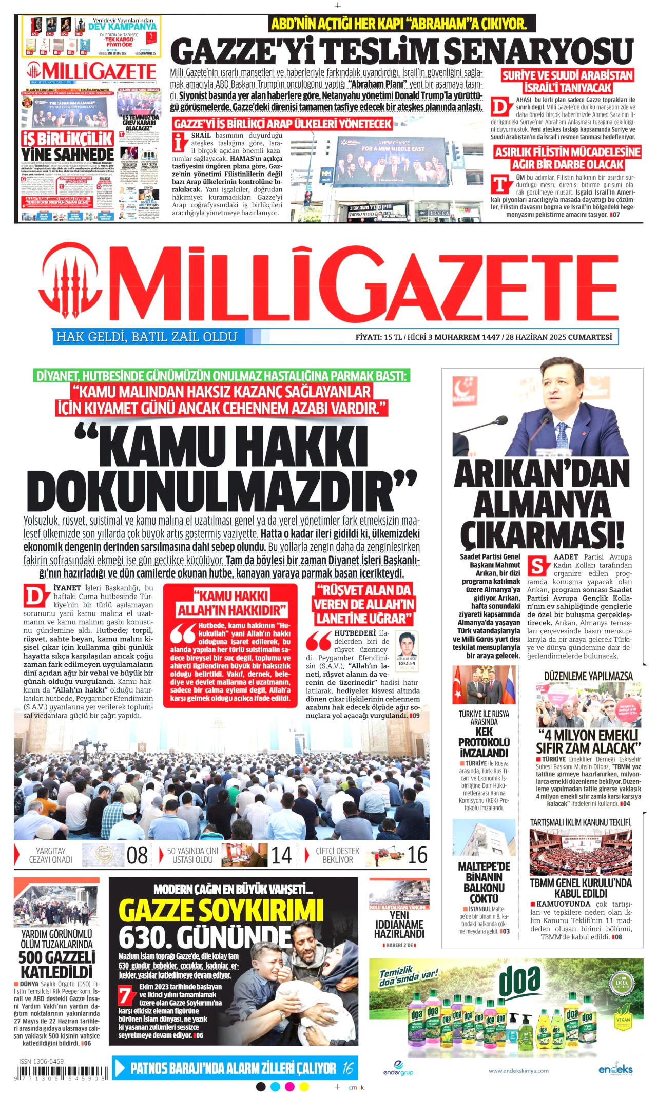 MİLLİ GAZETE gazetesinin 28 Haziran 2025 tarihli birinci sayfası